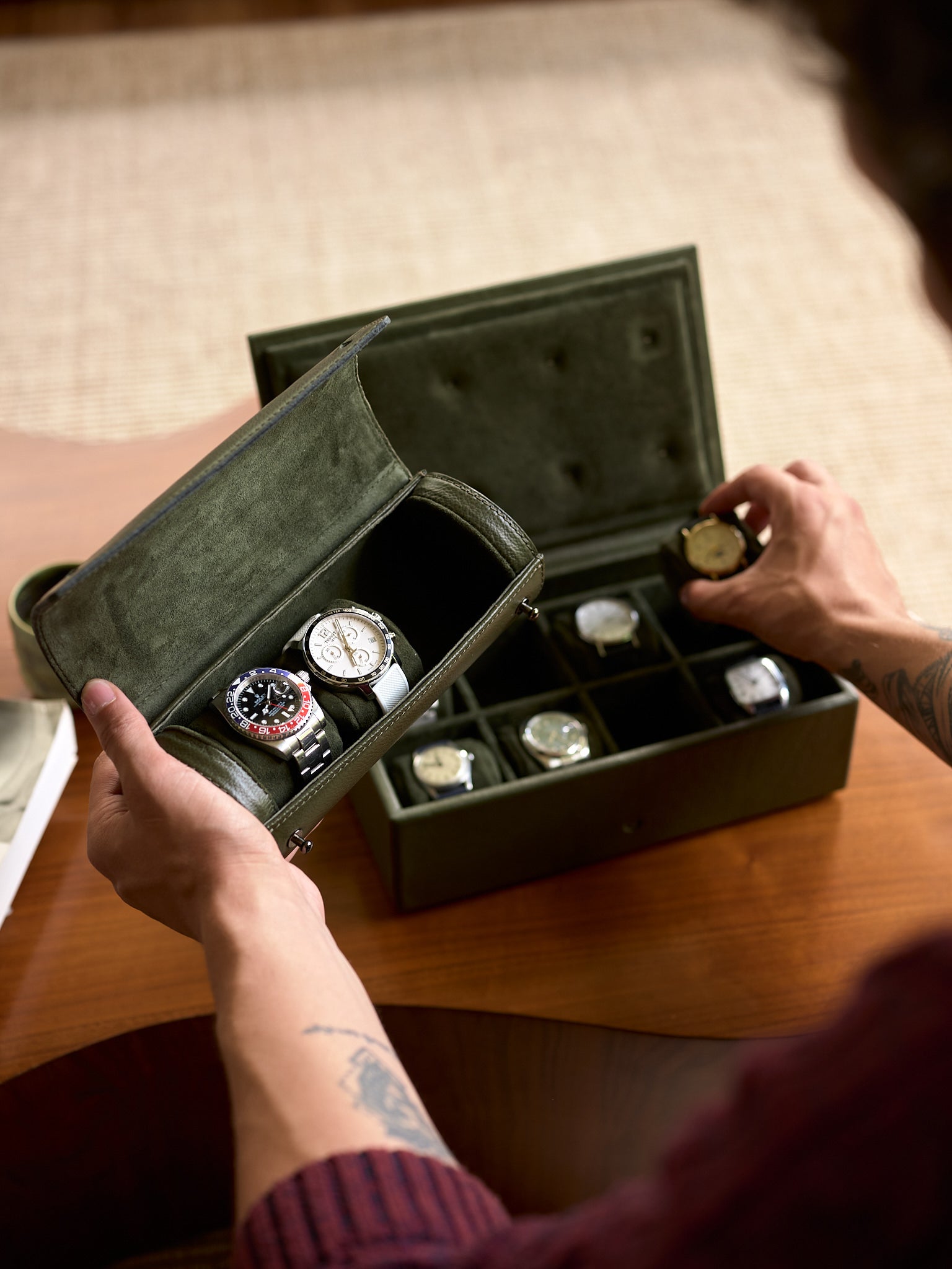 Watch Collection. Watch Organizer. Watch Travel Case Green by Capra Leather