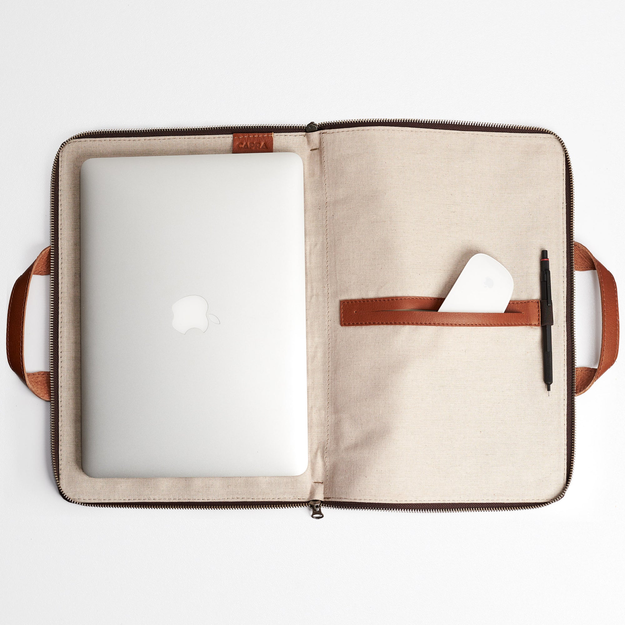 Linen interior. Tan laptop portfolio. Business document organizer for men.