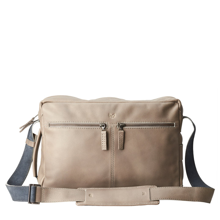 Front view. Grey handmade leather messenger bag for Men by Capra Leather. Macbook Pro 13 inch 15 inch leather bag. Unique mens bag. 