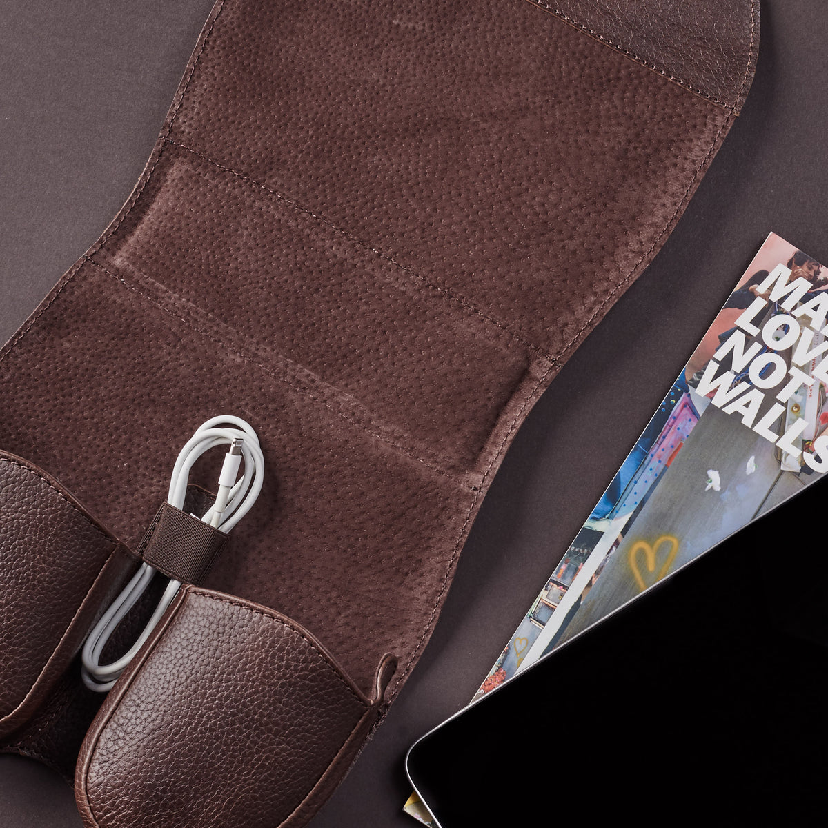 Suede interior. AirPods Max Case Shield Dark Brown by Capra Leather