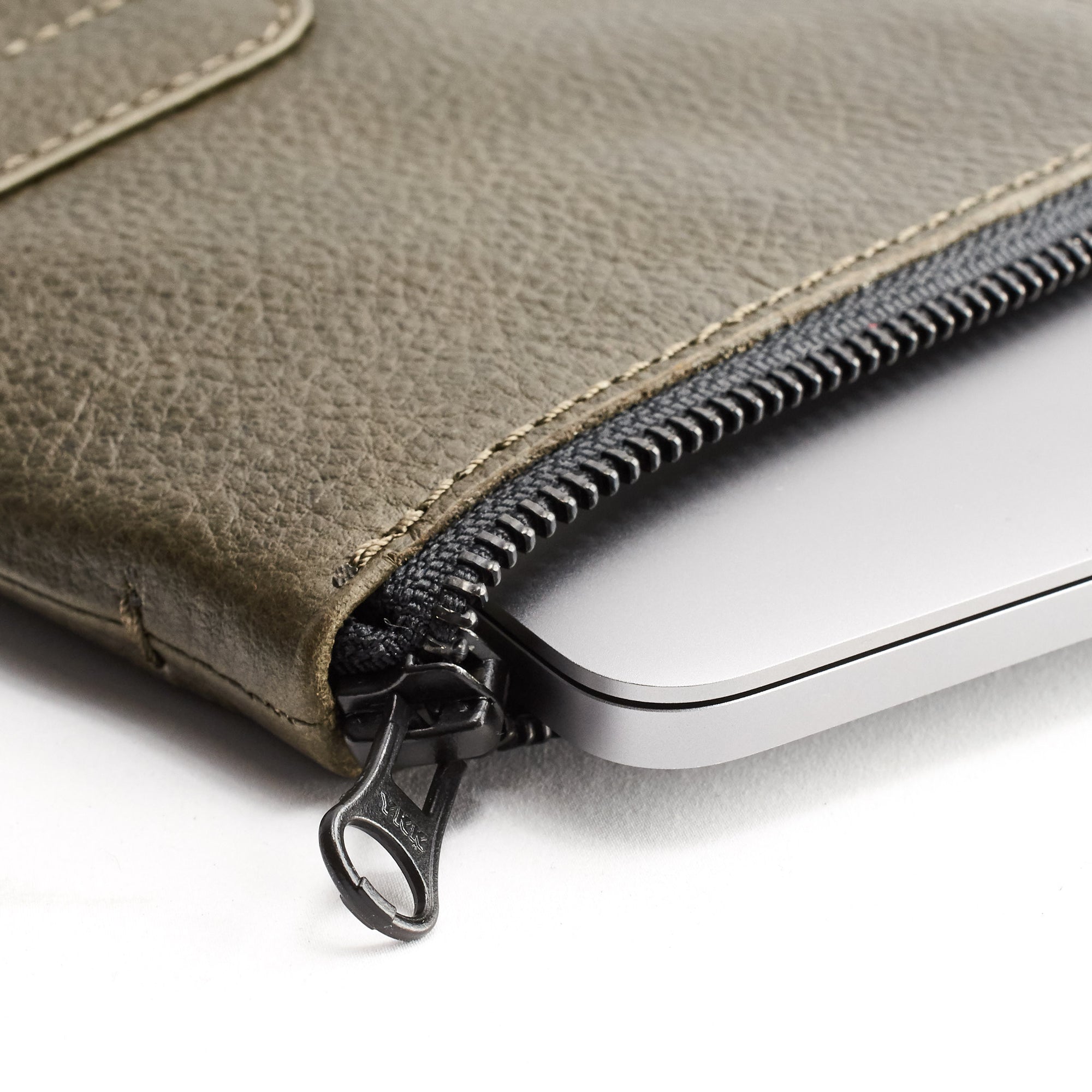 YKK black metallic zippers. Green Leather Laptop Portfolio Case. Laptops & devices Bag.