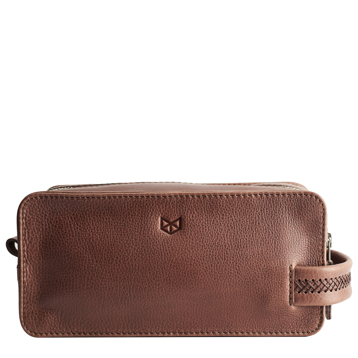 Brown leather toiletry, shaving bag with hand stitched handle. Groomsmen gifts