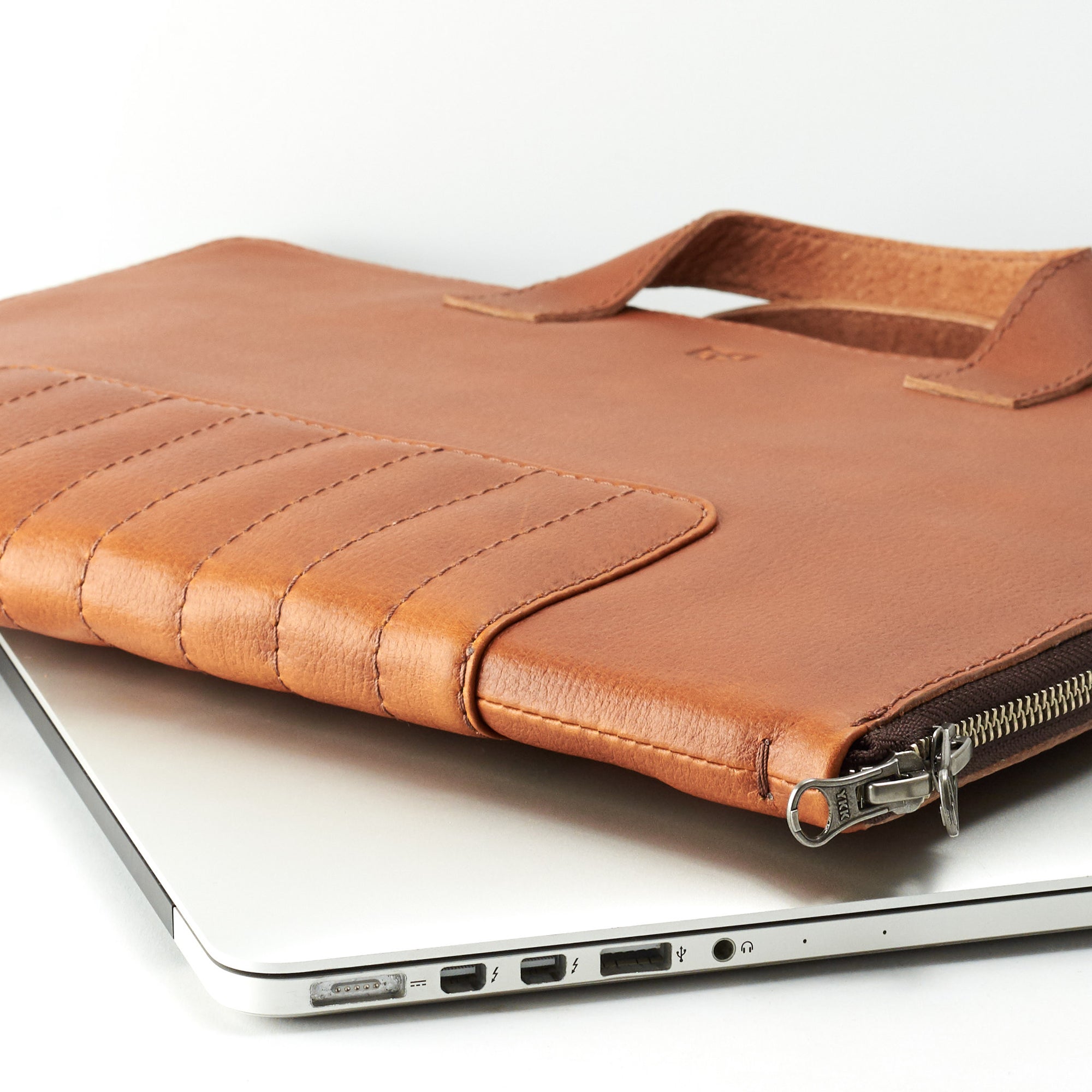 Designer laptop briefcase. Tan leather laptop portfolio. Business document organizer for men.