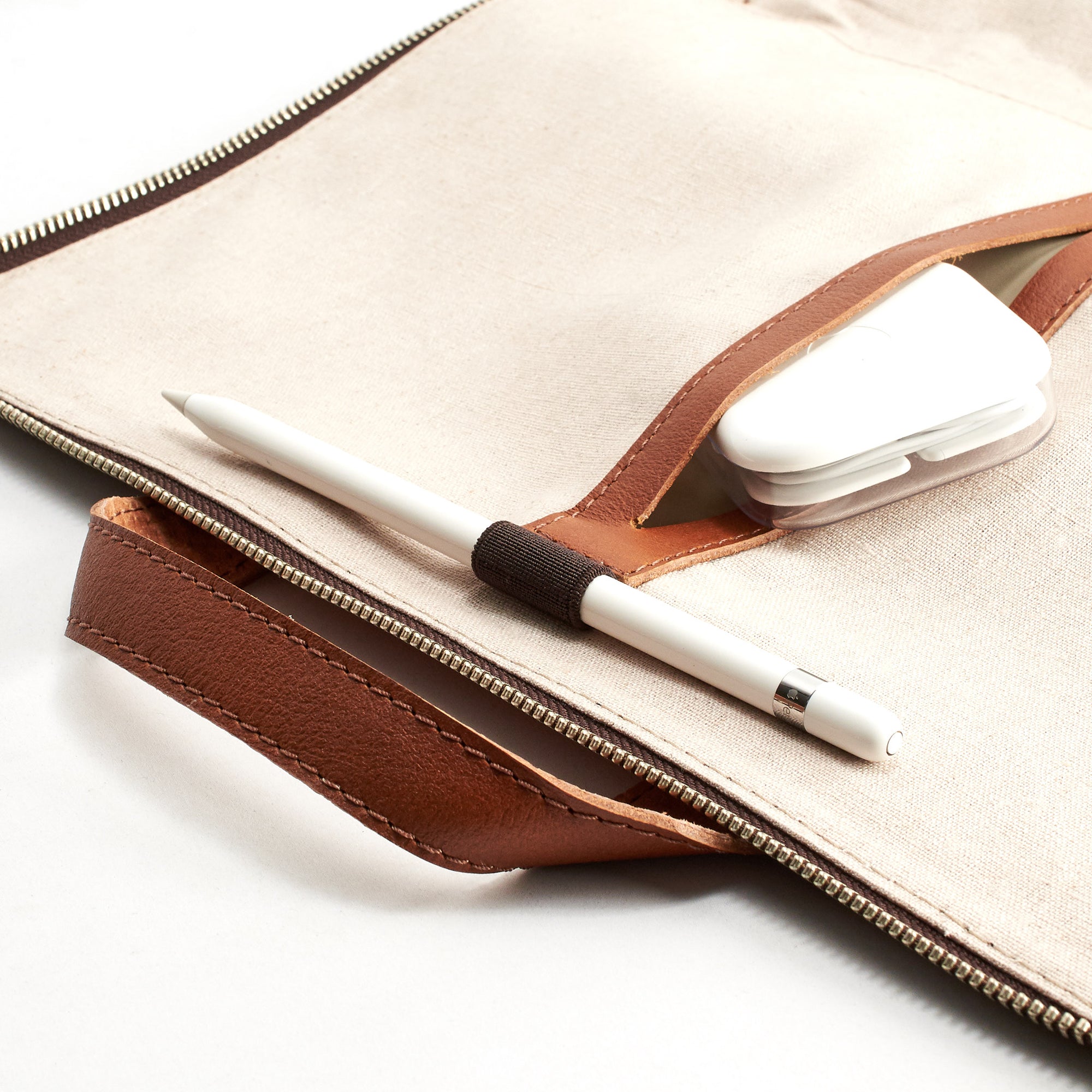 Double sided pocket.  Tan leather laptop portfolio. Business document organizer for men.