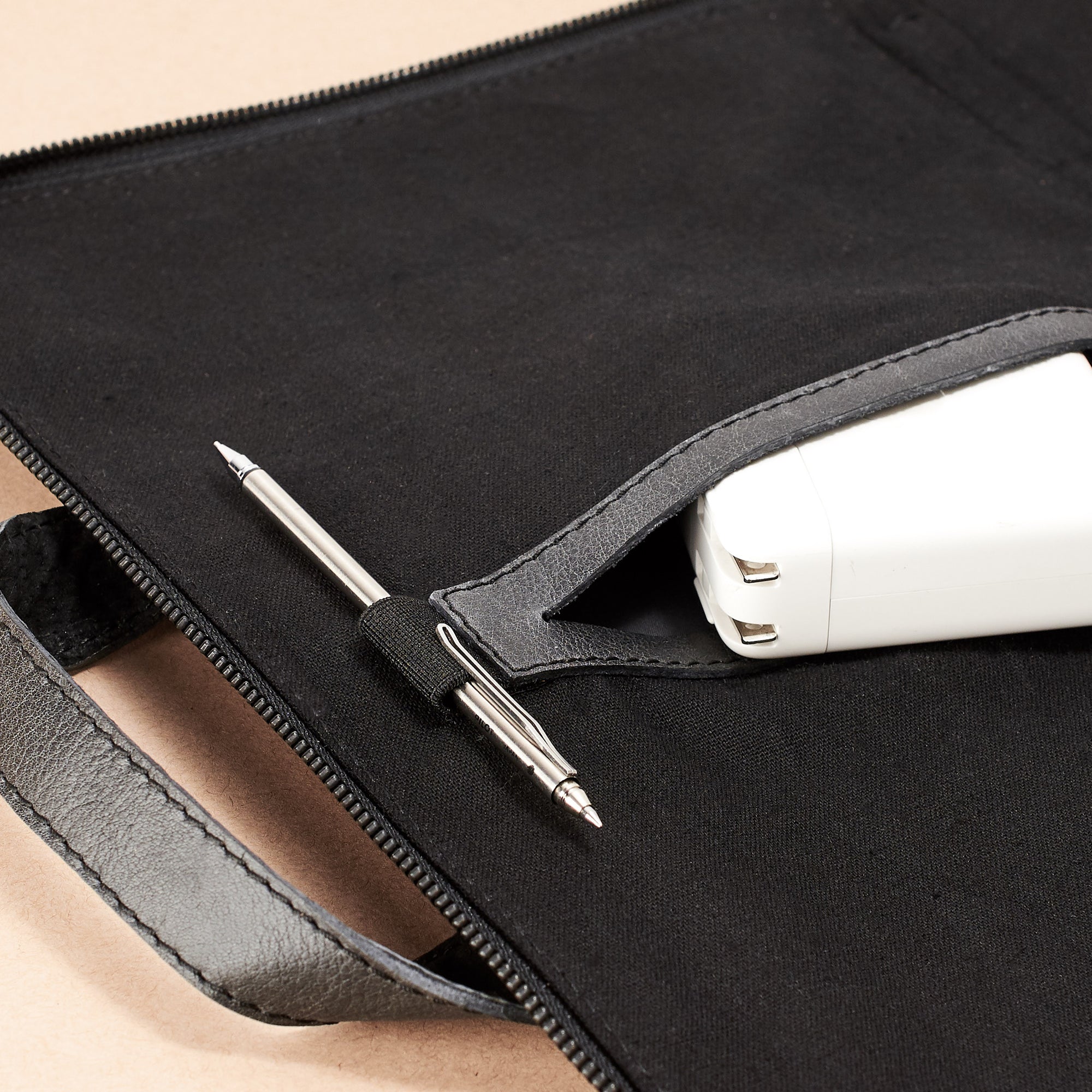Interior pocket and pen holder. Black Laptop Portfolio. Business Document Organizer by Capra Leather