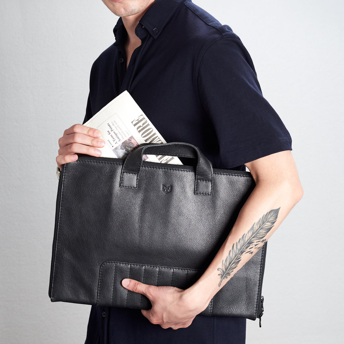 Style, holding news paper. Black Laptop Portfolio. Business Document Organizer by Capra Leather
