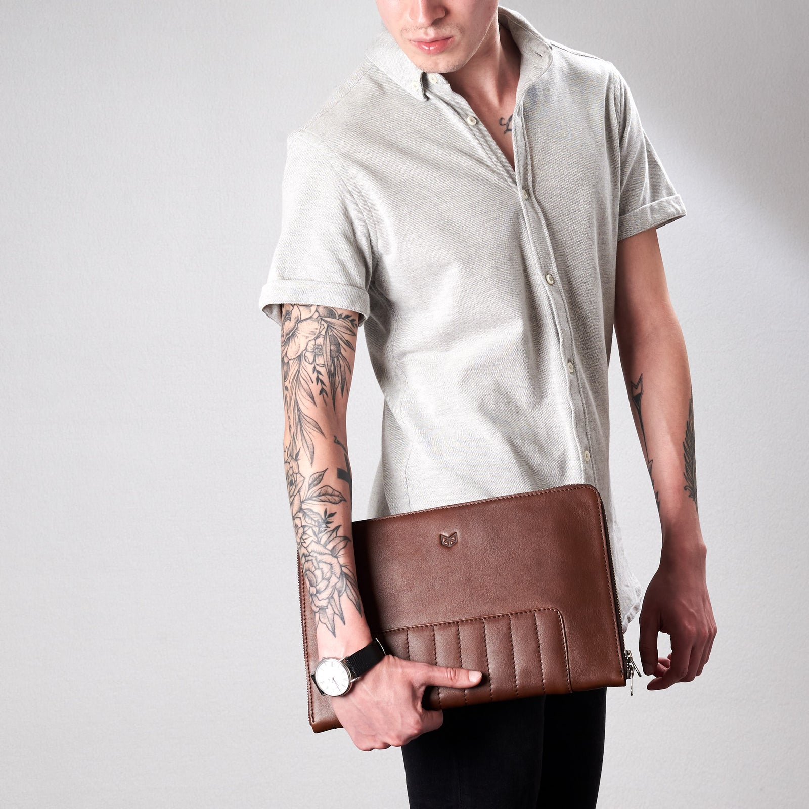 Biker brown portfolio front view styling by Capra Leather.