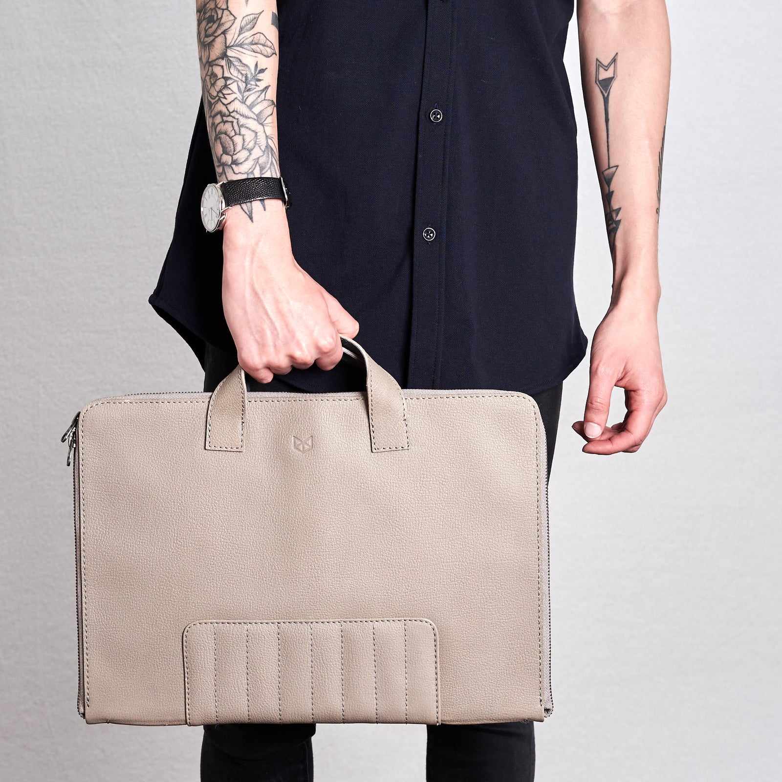 Handles holding front view for grey Biker by Capra Leather.