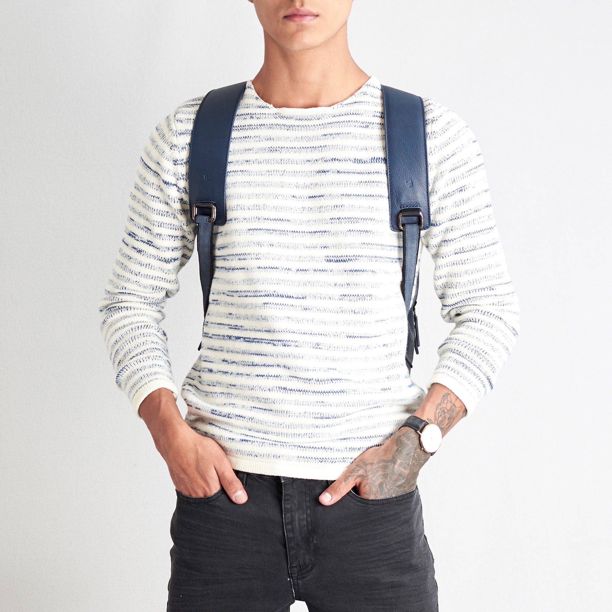 blue and white striped backpack with leather strap Bisonte Backpack · Navy No Strap / No Extra Organization / Yes Please