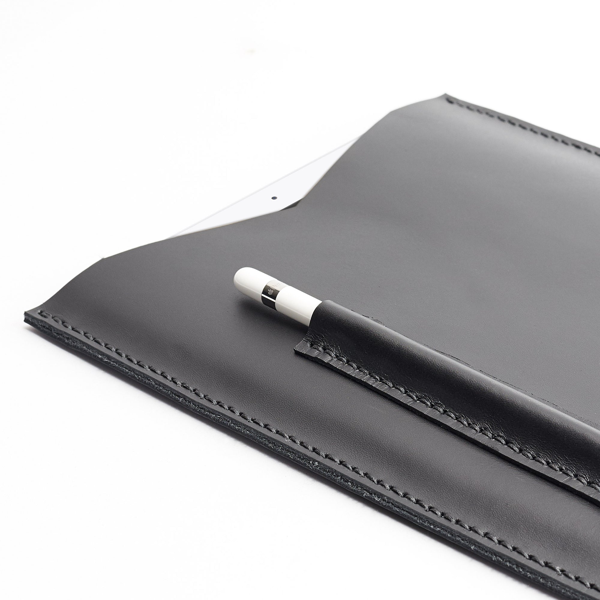 Detail. Capra Leather iPad pro leather sleeve. Black leather sleeve for iPad pro 10.5 inch 12.9 inch. Mens gifts