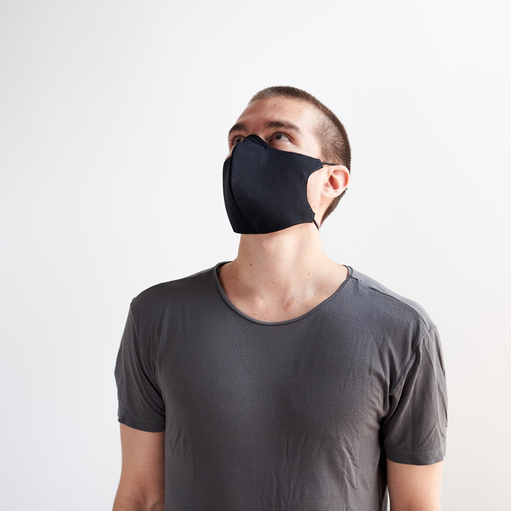 Upper view. Black Reusable Linen Face Mask by Capra Leather