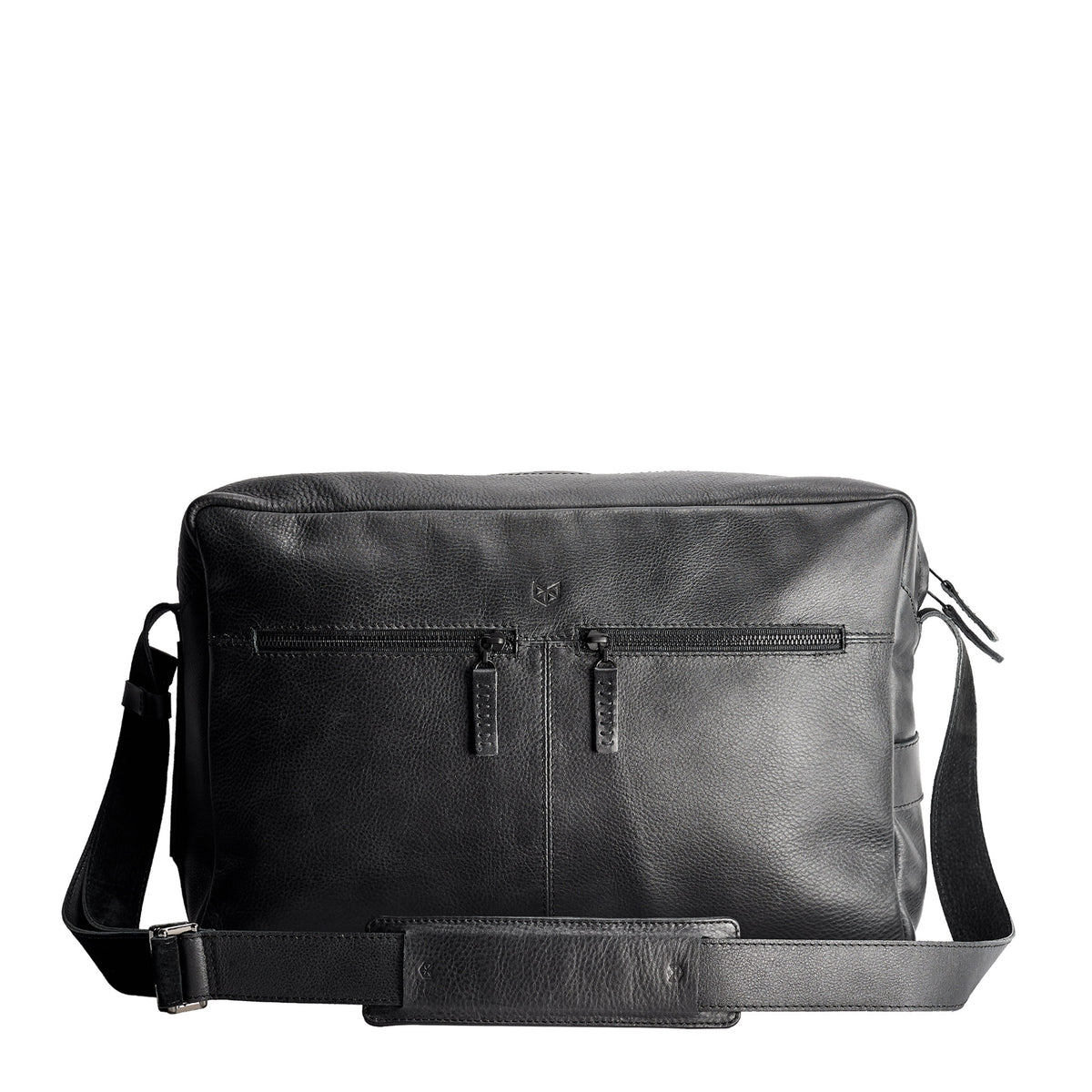 Front black handmade leather messenger bag for men. Commuter bag, laptop leather bag by Capra Leather.