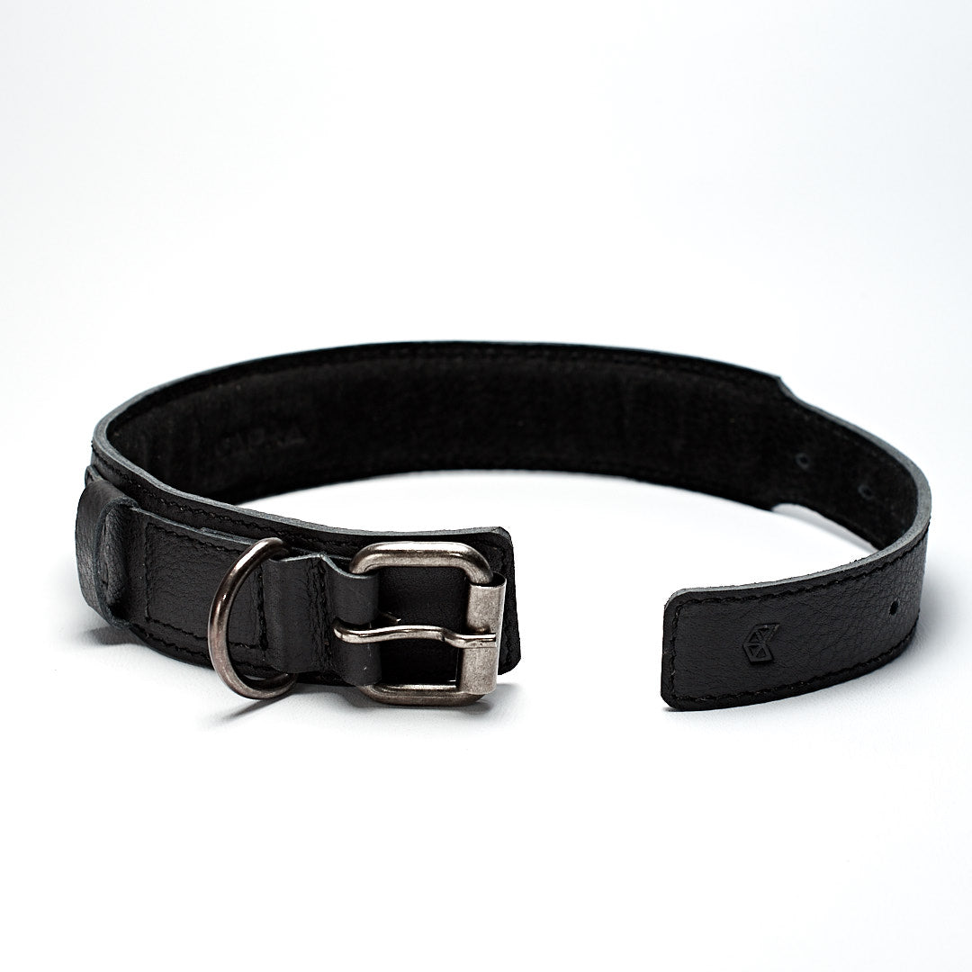 Handmade minimal black leather padded dog collar. Custom pet collar. Leather dog , cat collar