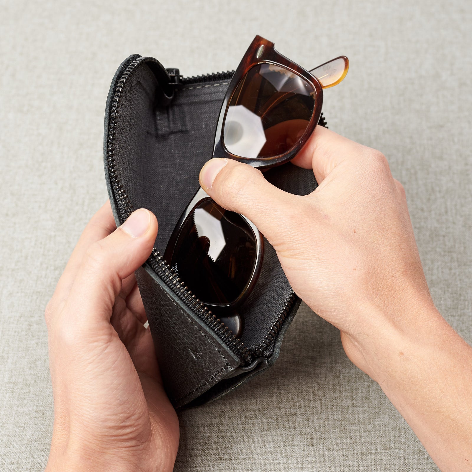 Linen Interior with sunglasses. Black leather glasses case for men. Eye glasses sleeve for mens gifts