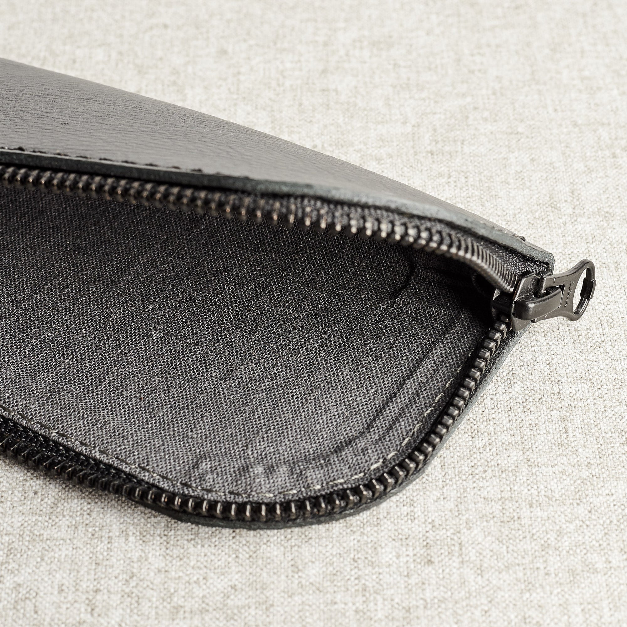 Style linen interior. Black leather glasses case for men. Custom handmade leather sleeve for mens glasses