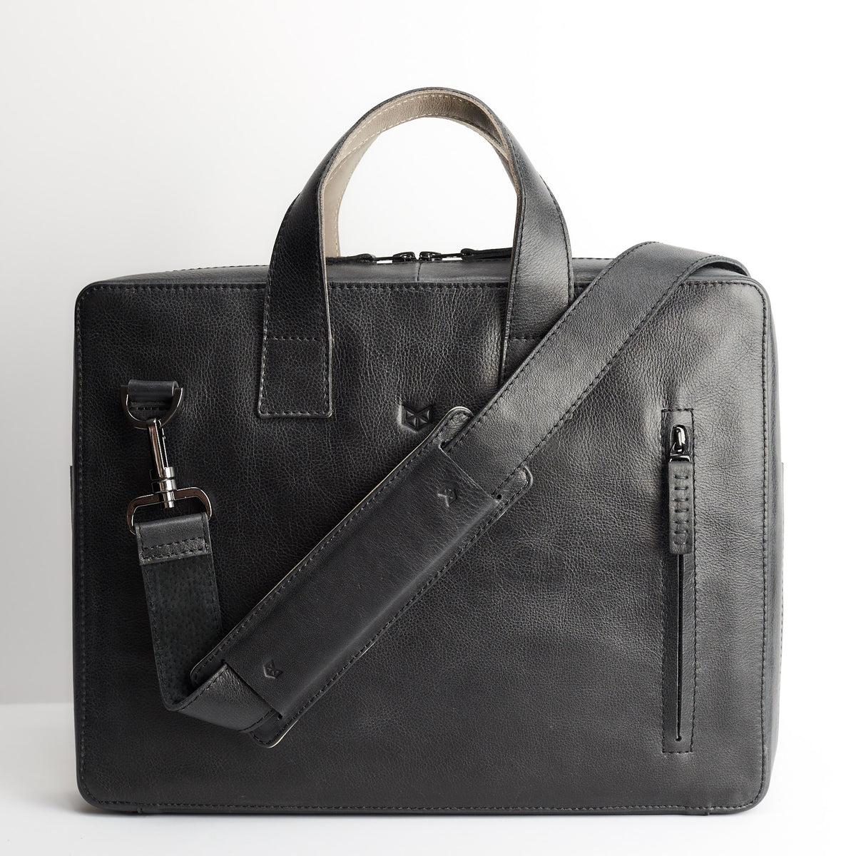 Mens leather briefcase. Black soft slim workbag for mens gifts 