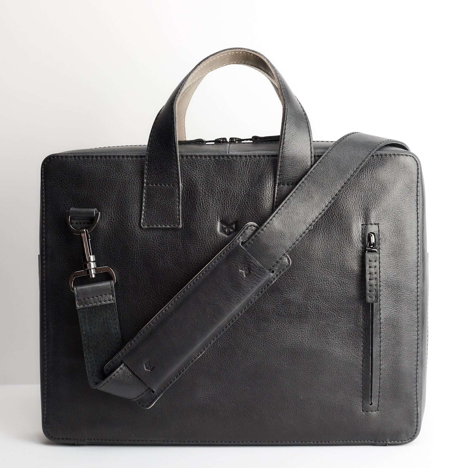 Mens leather briefcase. Black soft slim workbag for mens gifts 