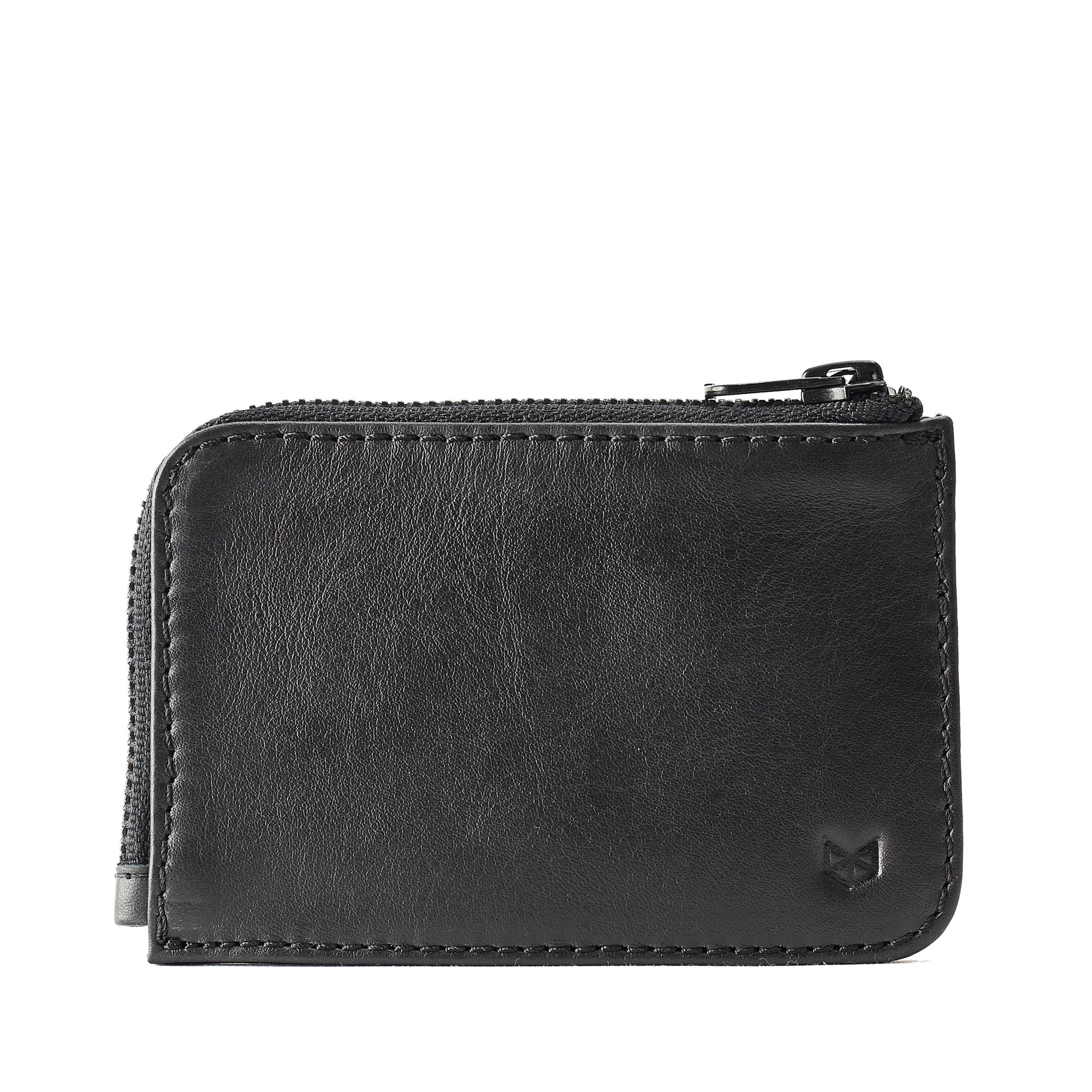 Cover. Black slim zip credit card holder, business card pouch, bills / coins minimalist pocket wallet, mens gift.