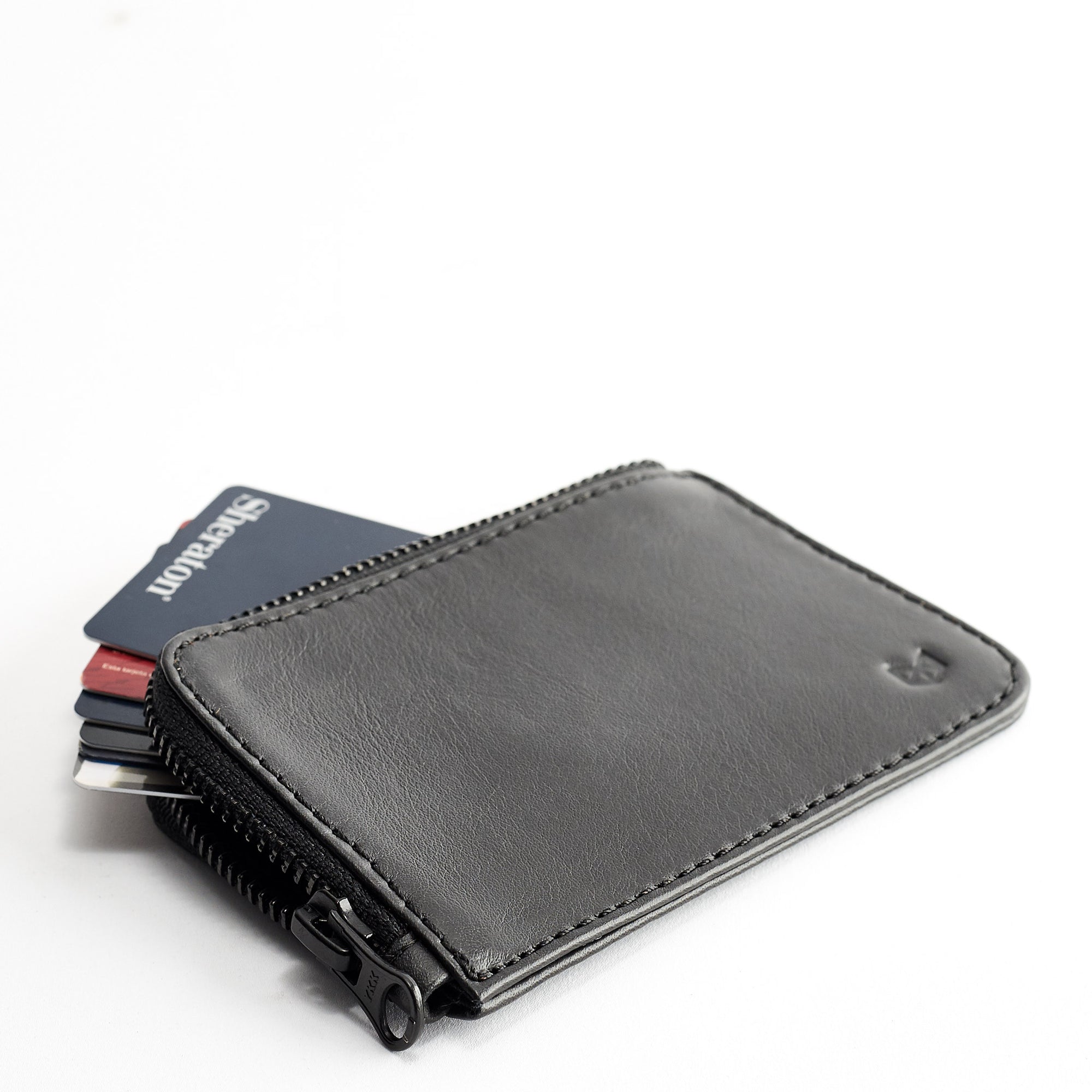 Style. Black slim zip credit card holder, business card pouch, bills / coins minimalist pocket wallet, mens gift.