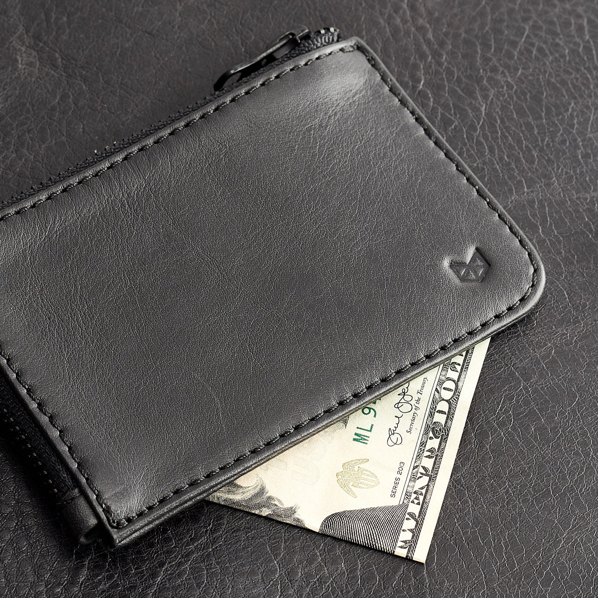 Holds folded bills. Black slim zip credit card holder, business card pouch, bills / coins minimalist pocket wallet, mens gift.