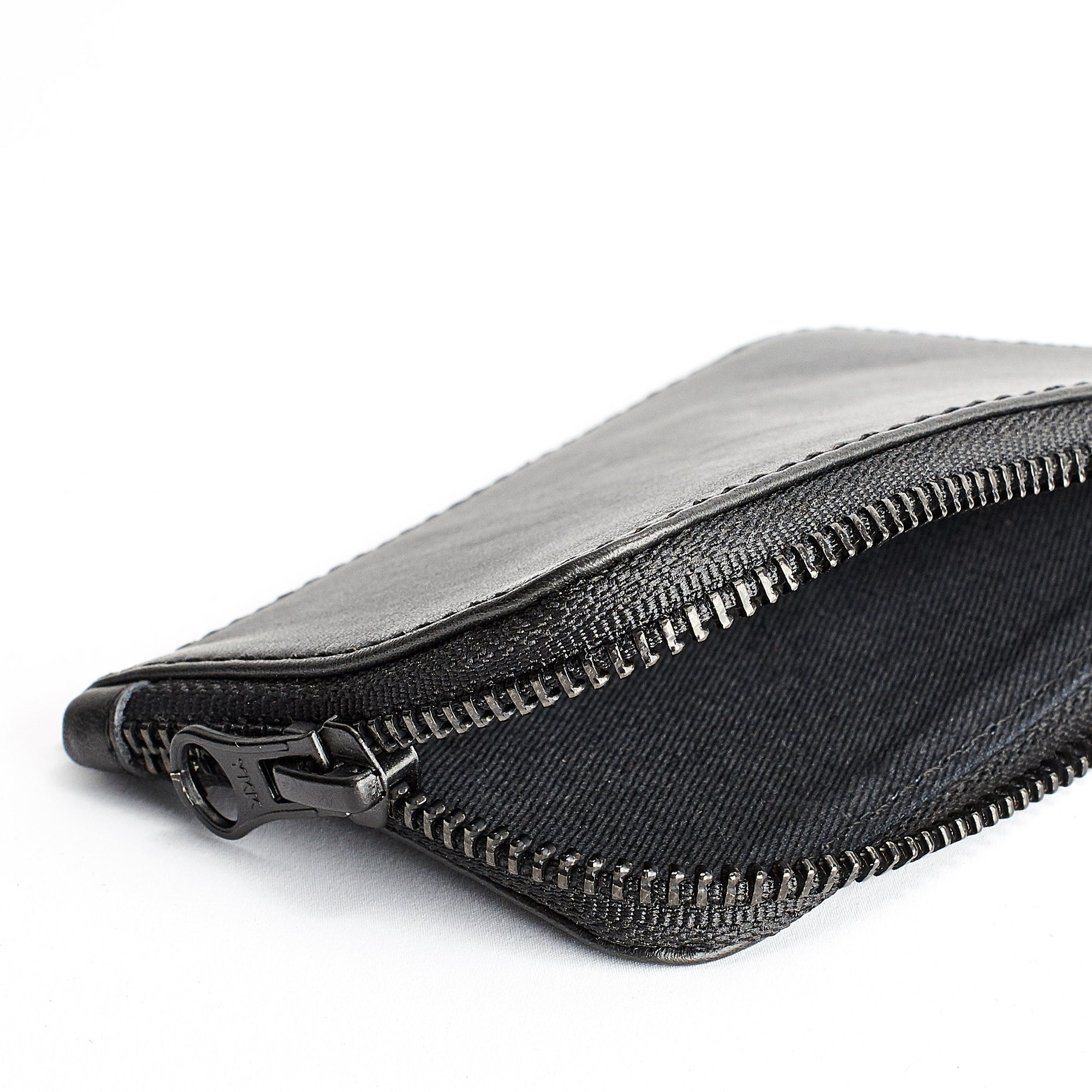 Drill interior detail. Black slim zip credit card holder, business card pouch, bills / coins minimalist pocket wallet, mens gift.