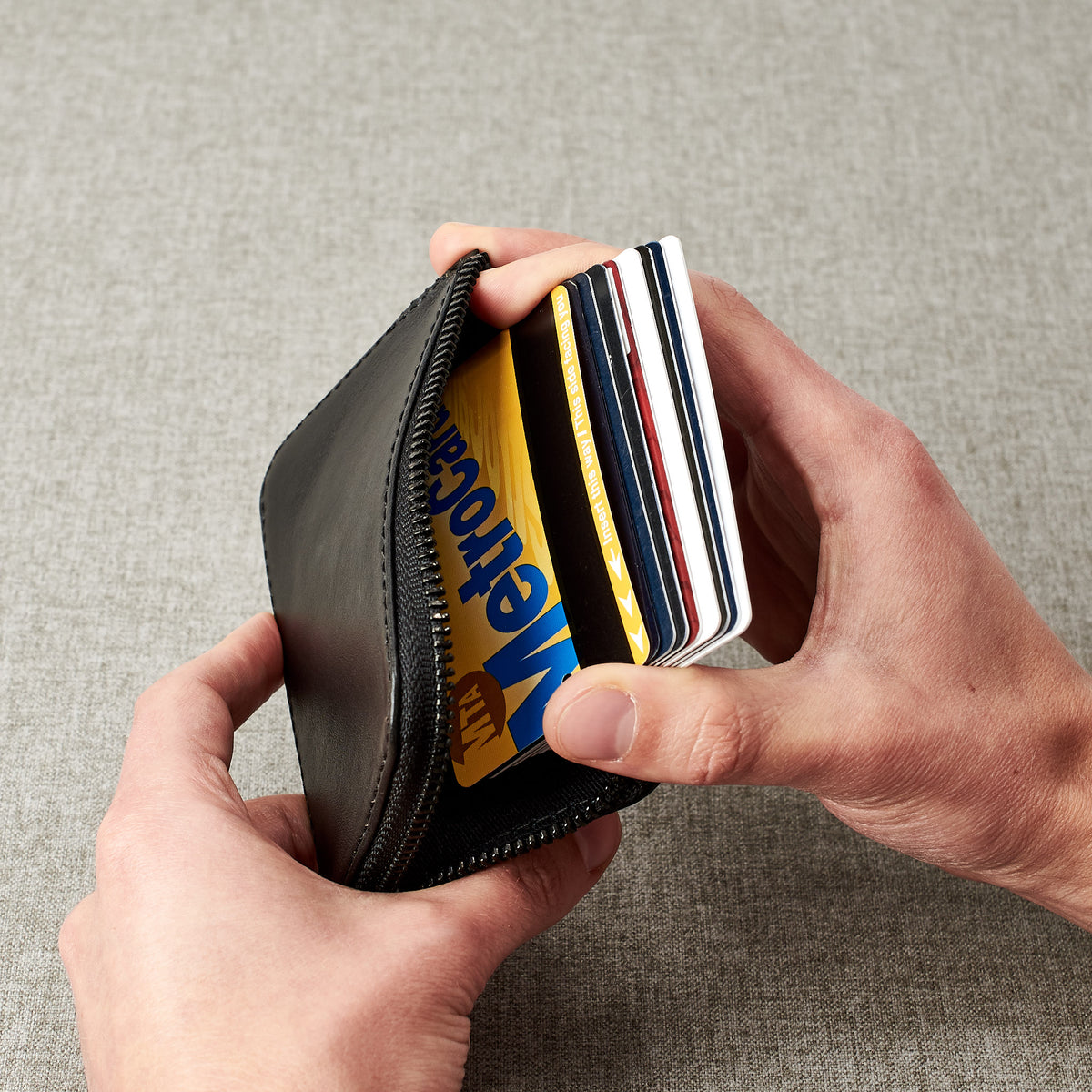 Style. Black slim zip credit card holder, business card pouch, bills / coins minimalist pocket wallet, mens gift.