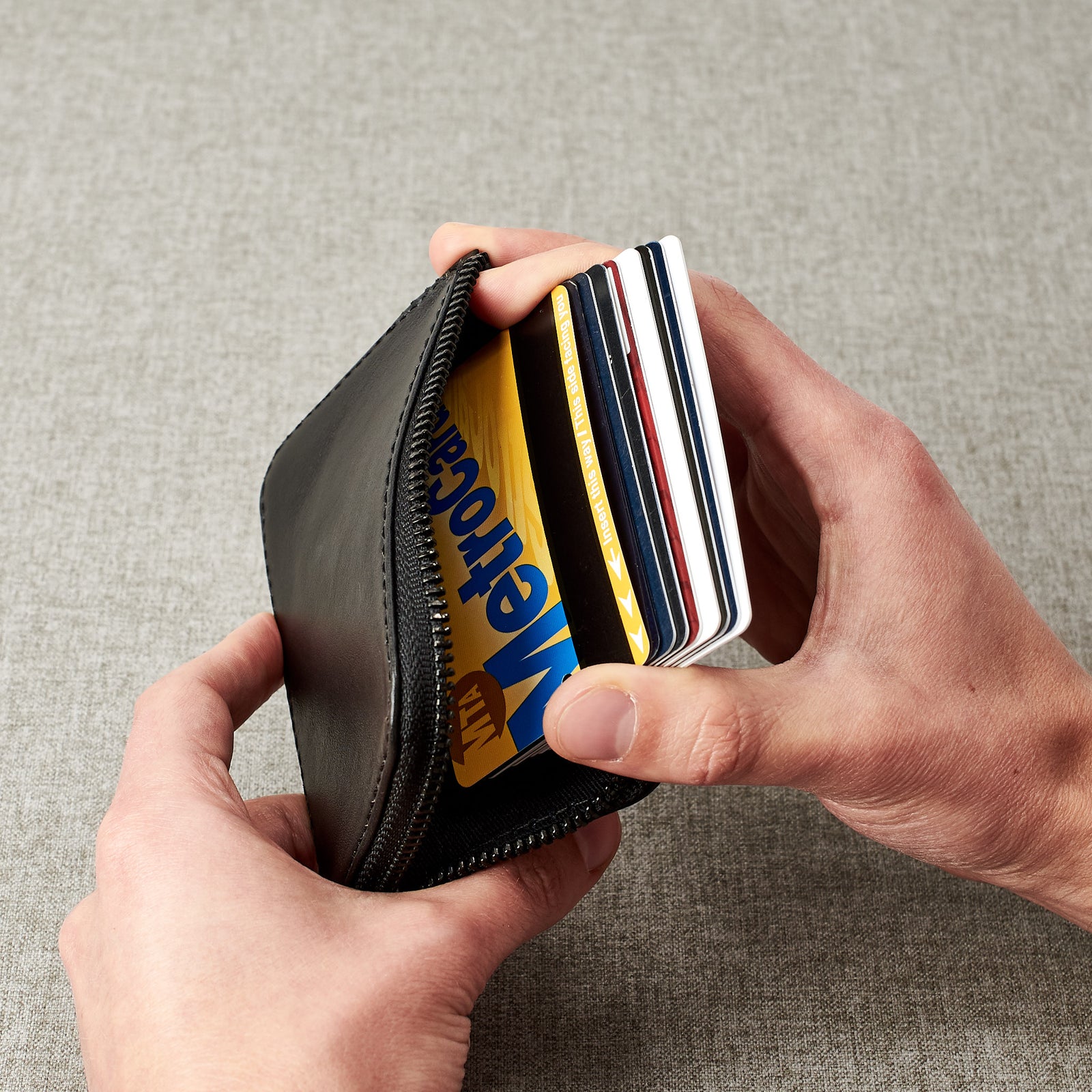 Style. Black slim zip credit card holder, business card pouch, bills / coins minimalist pocket wallet, mens gift.