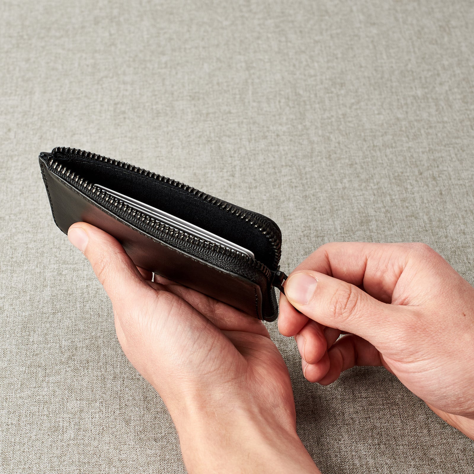 YKK metallic zipper. Black slim zip credit card holder, business card pouch, bills / coins minimalist pocket wallet, mens gift.