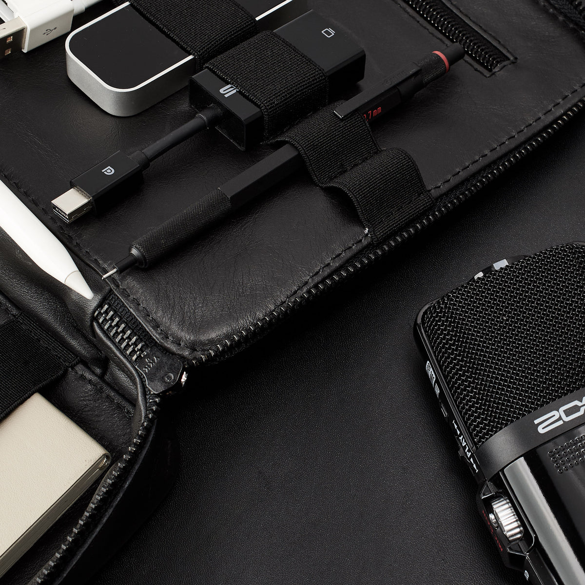 Black tech organizer pouch by Capra Leather. Fits iPad Pro with Apple pencil.