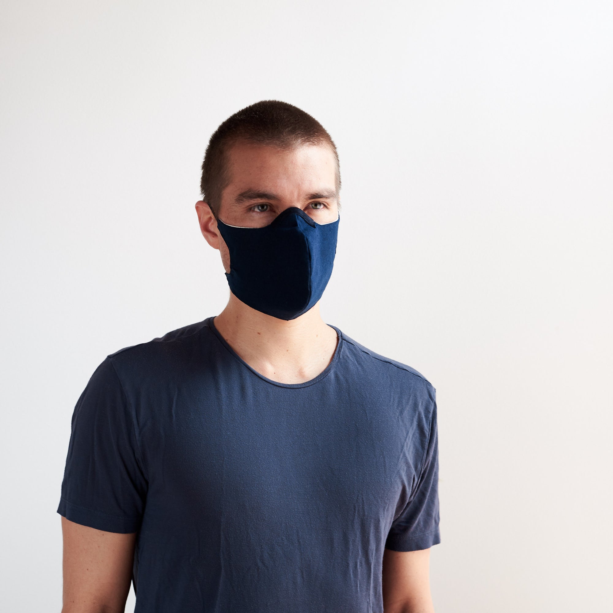 Front view. Blue linen Face Mask by Capra Leather
