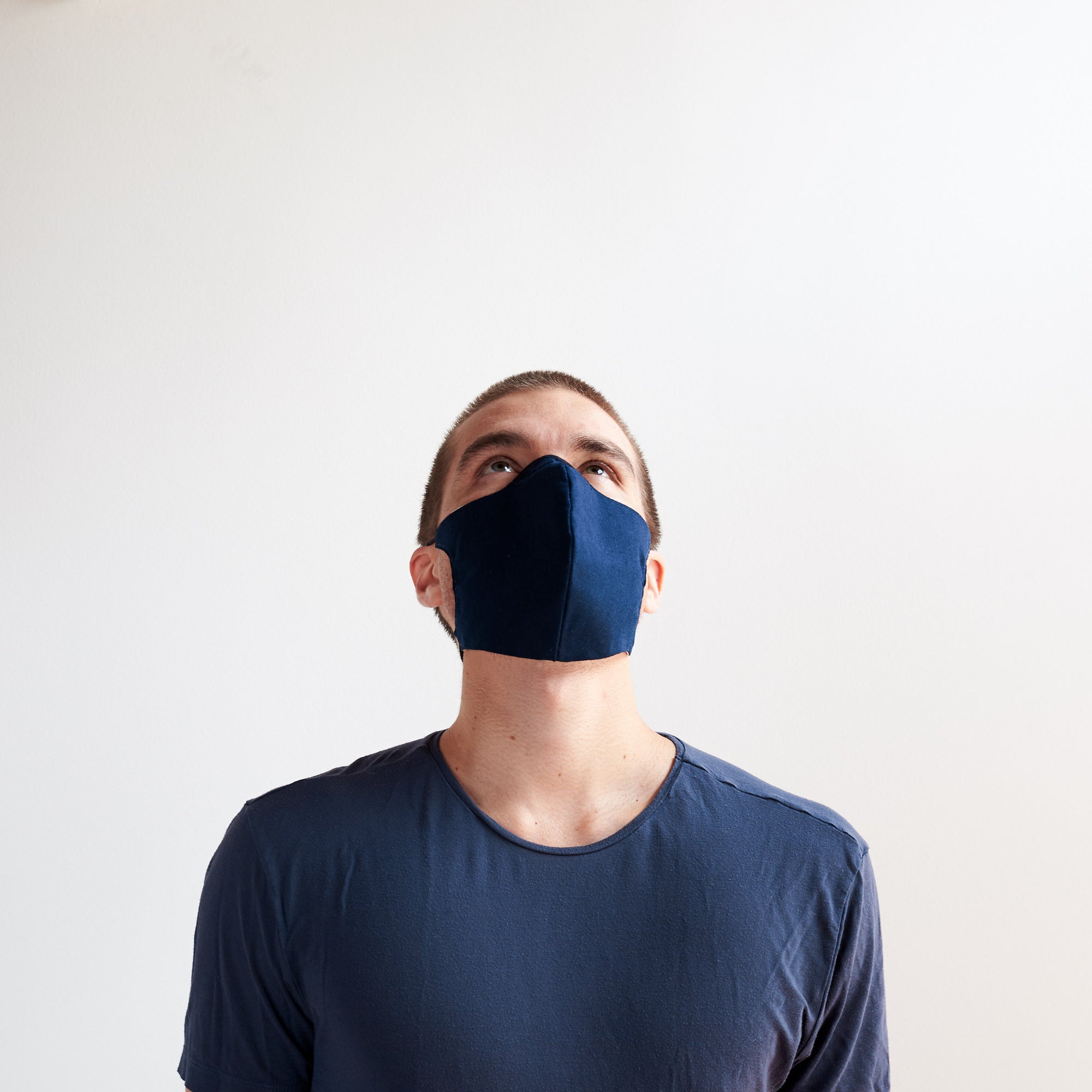 Upper view. Blue reusable Linen Face Mask by Capra Leather