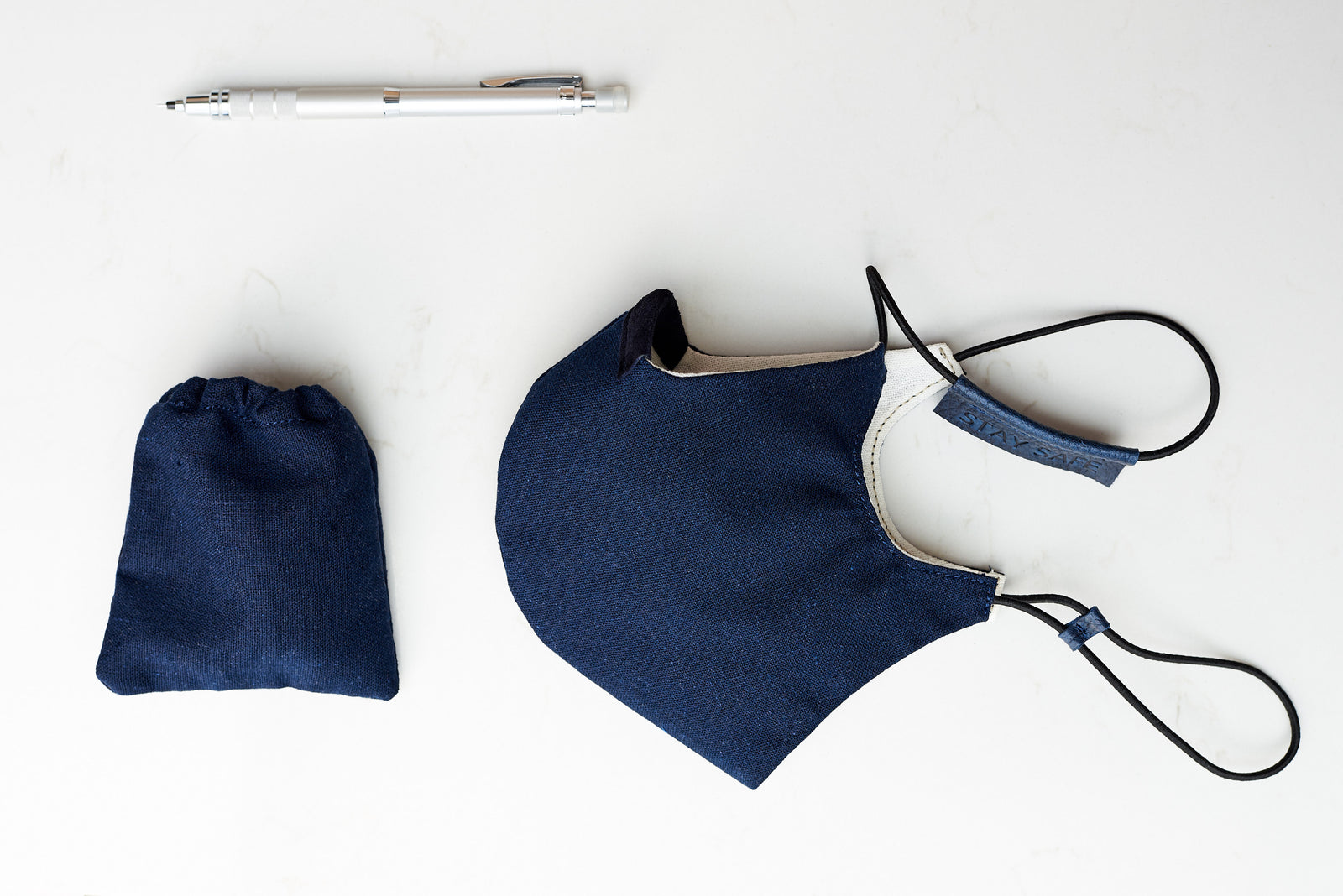 Close view. Navy Men Linen Fashion Face Mask by Capra Leather