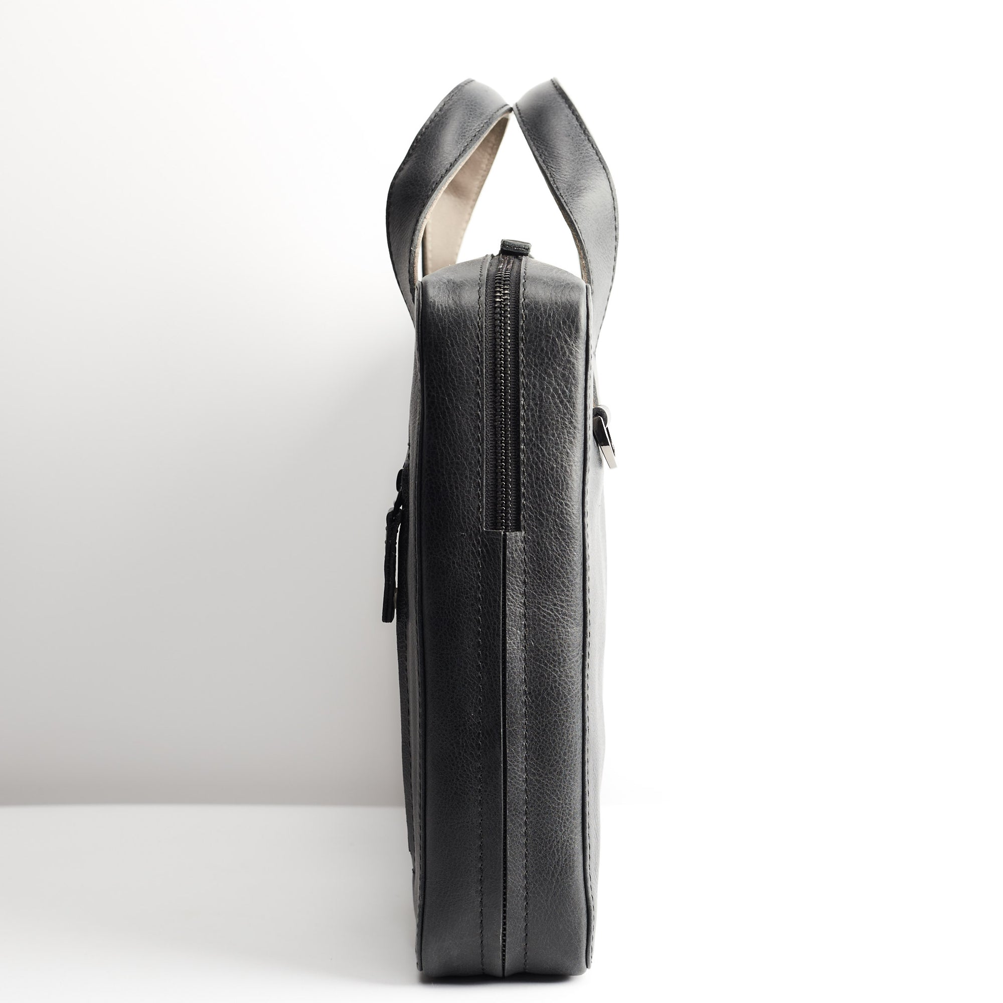 Slim profile. Black leather soft briefcase. Mens custom satchel 