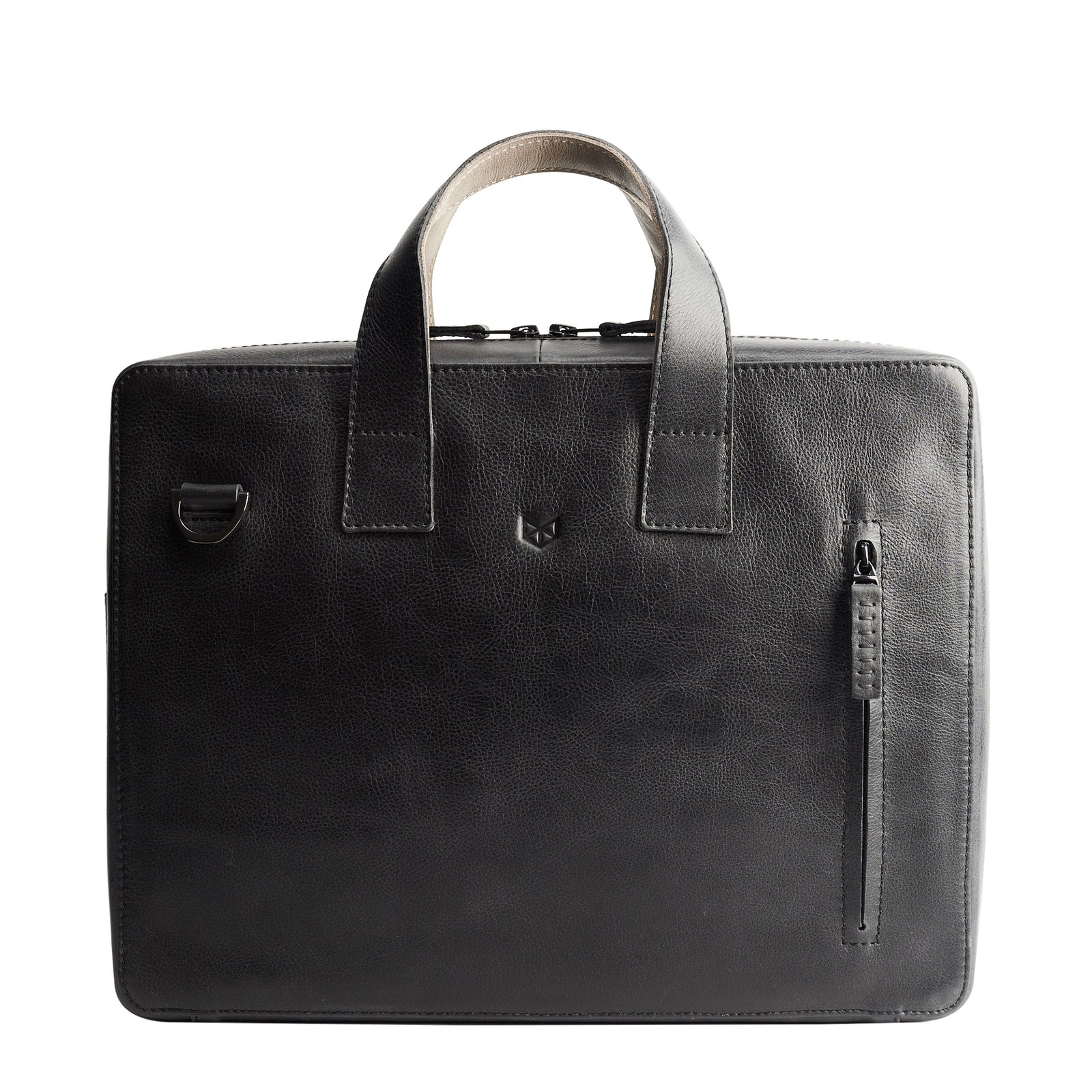 Front. Black leather soft briefcase for men. Unique mens workbag