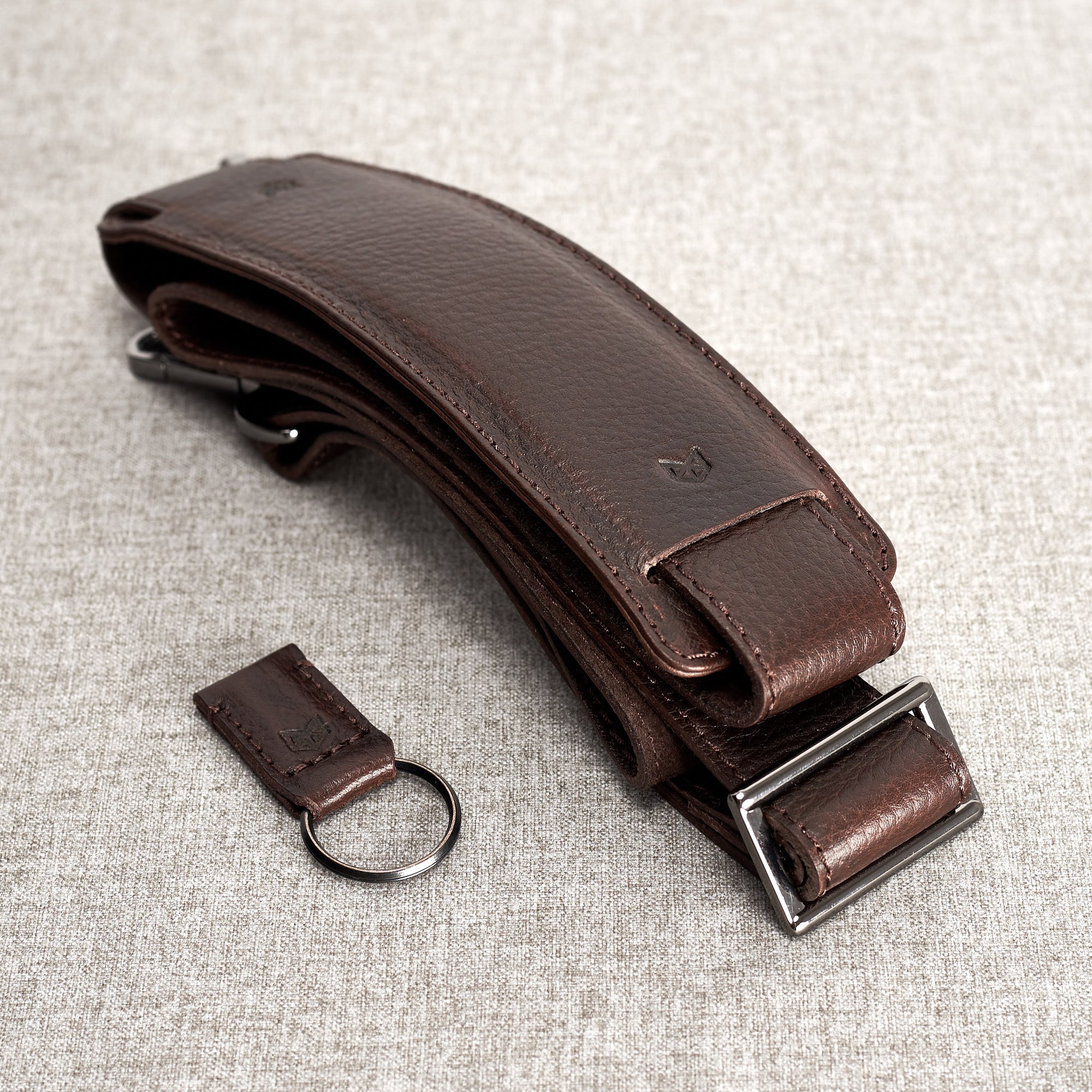 Shoulder strap and key chain holder detail. Dark brown leather workbag. Mens handmade satchel  