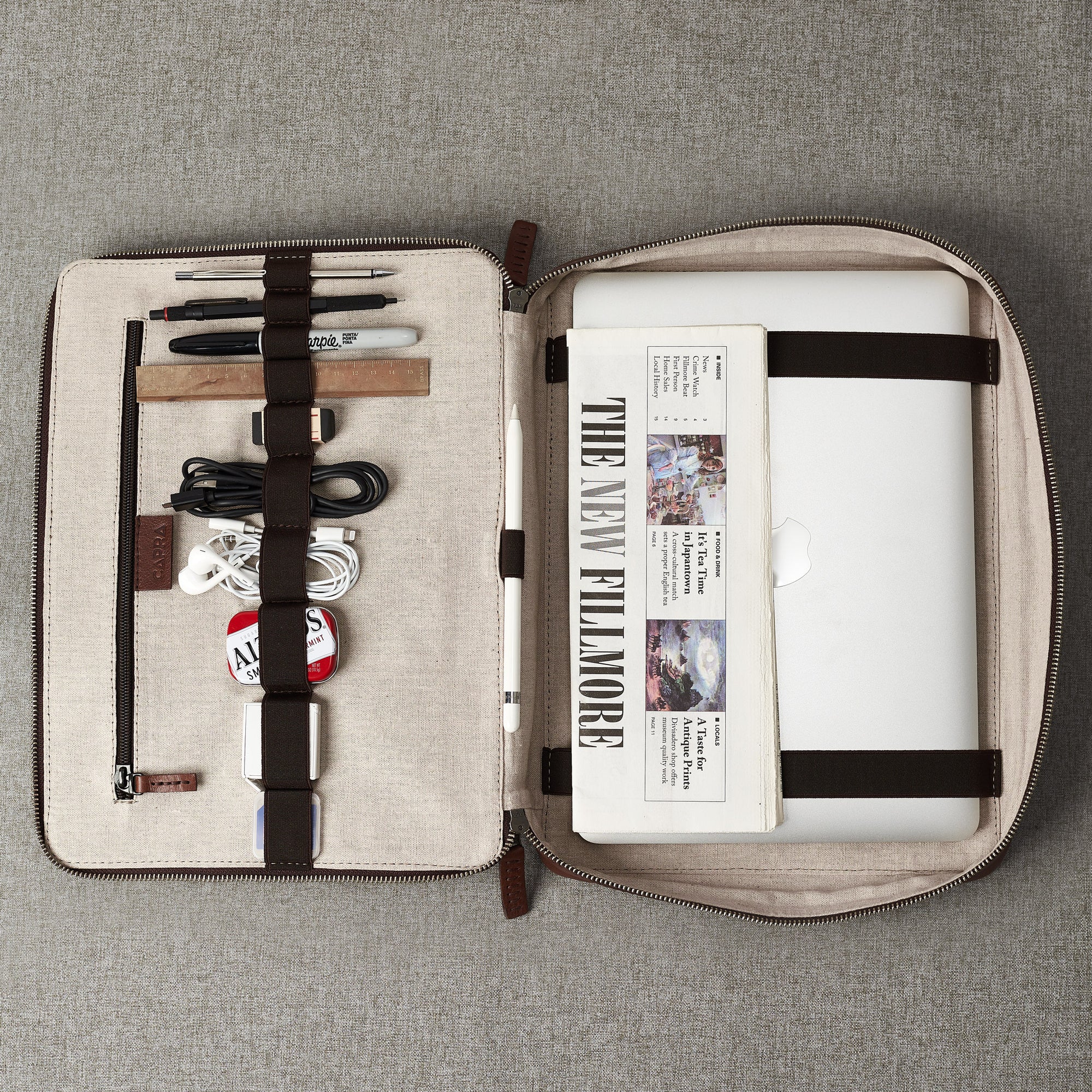 Linen interior. Brown electronics organizer. Tech laptop tablet bag by Capra Leather