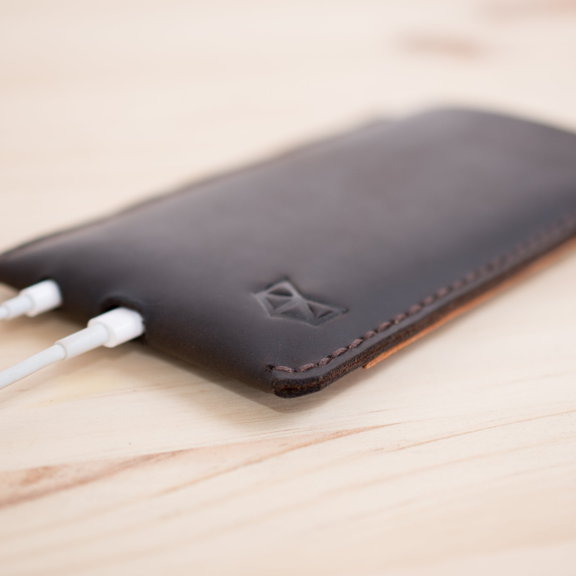 Charging cable and earphones holes from a Handmade iPhone case  leather wallet for iPhone 8 Plus, iPhone x, iPhone 10,