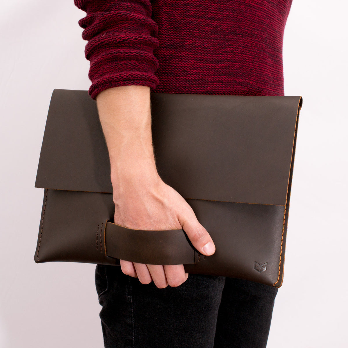 leather carrying suede textured handle. Macbook pro touch bar sleeve.  MacBook Pro 13 15 16 inch leather case sleeve by Capra Leather.