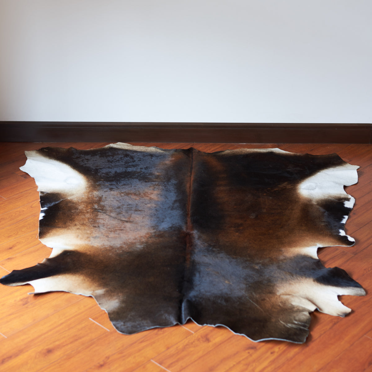 Large Cowhide Rug on the floor. Black and Caramel Large Cowhide Rug, Home Décor Ideas, Large Rugs, White, Cow hide. Home Hair on hide Floor 