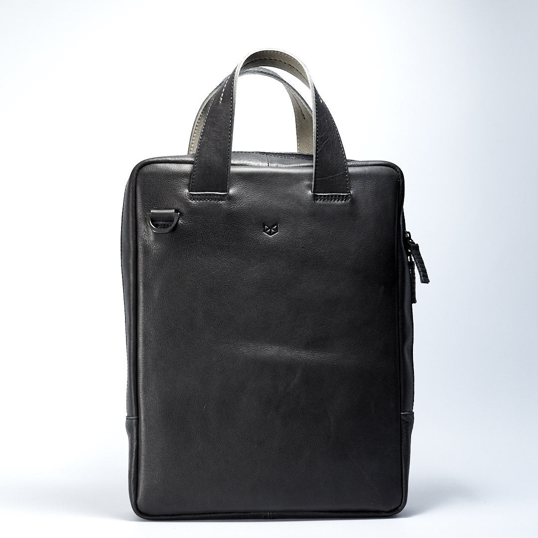 Vertical black leather briefcase for men. Designer workbag. Office style