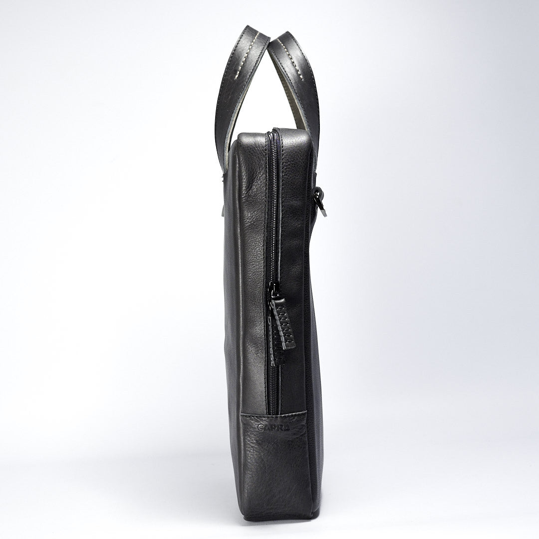 Slim profile. Black leather briefcase for mens gifts. Unique mens workbag 