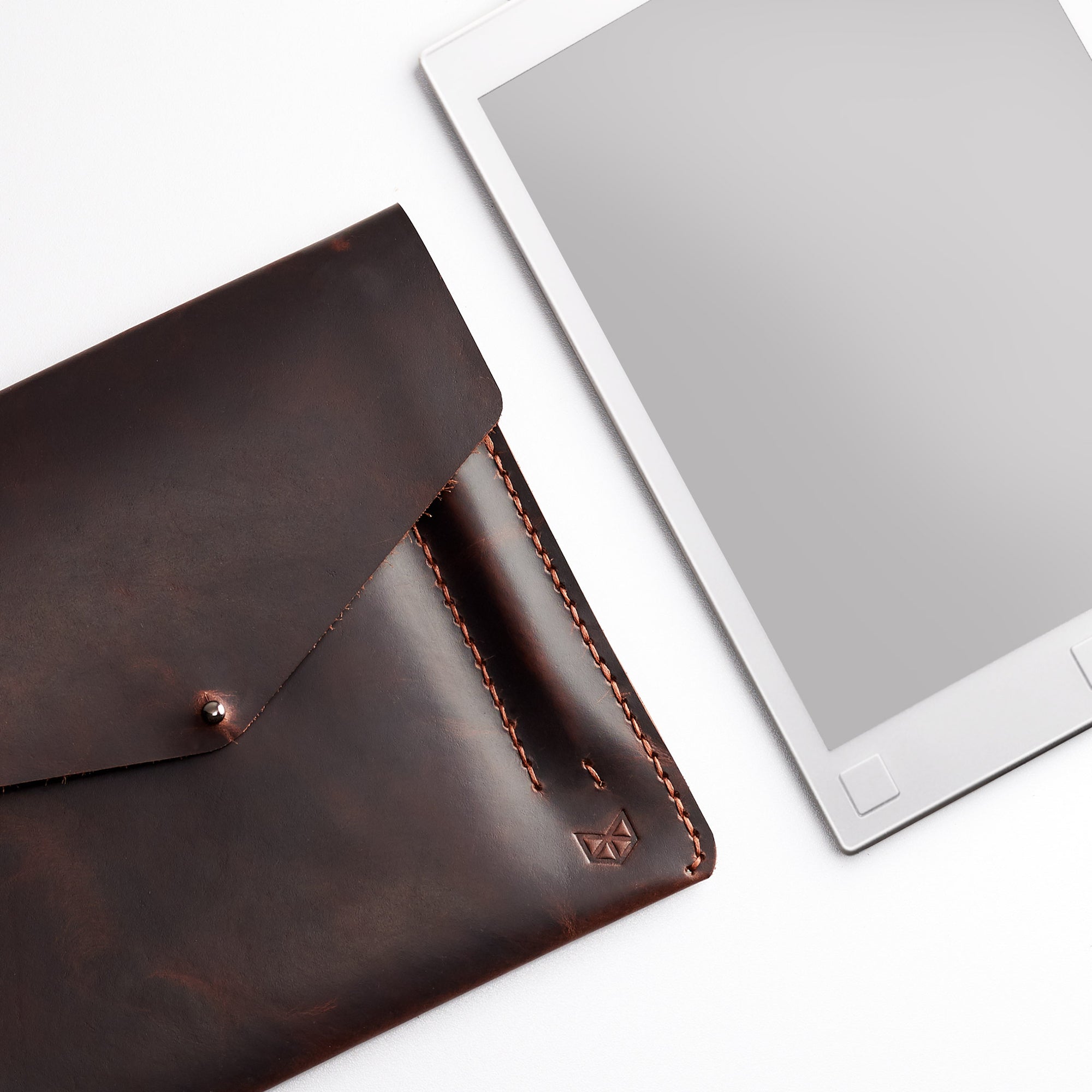 Style. Red Brown handcrafted leather reMarkable tablet case. Folio with Marker holder. Paper E-ink tablet minimalist sleeve design. 