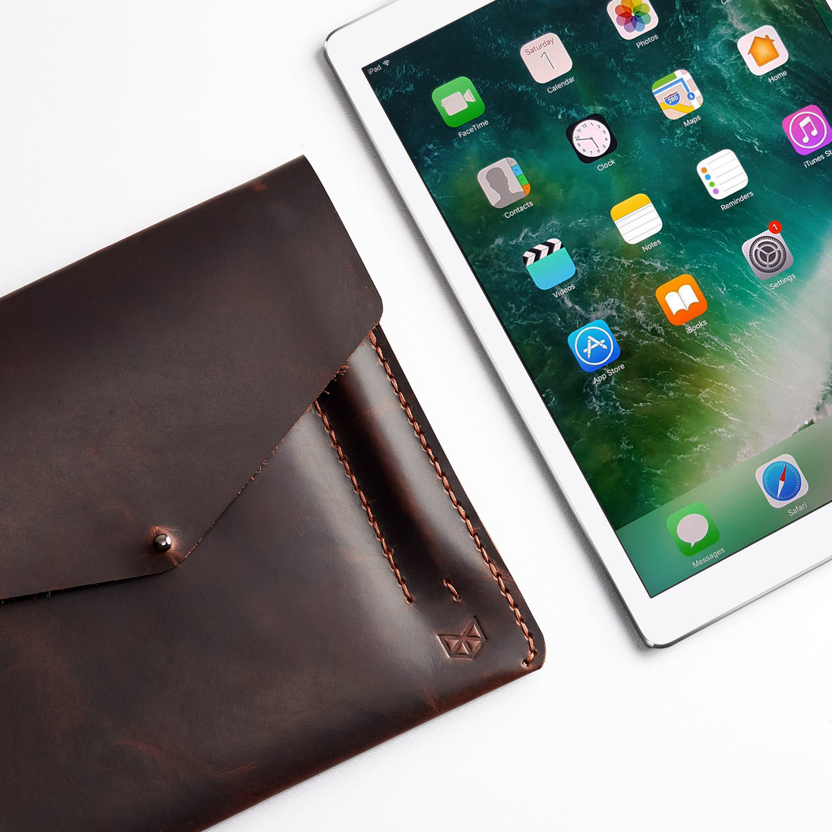 Apple accessories. Red brown leather sleeve for Pixel Slate. Mens gifts