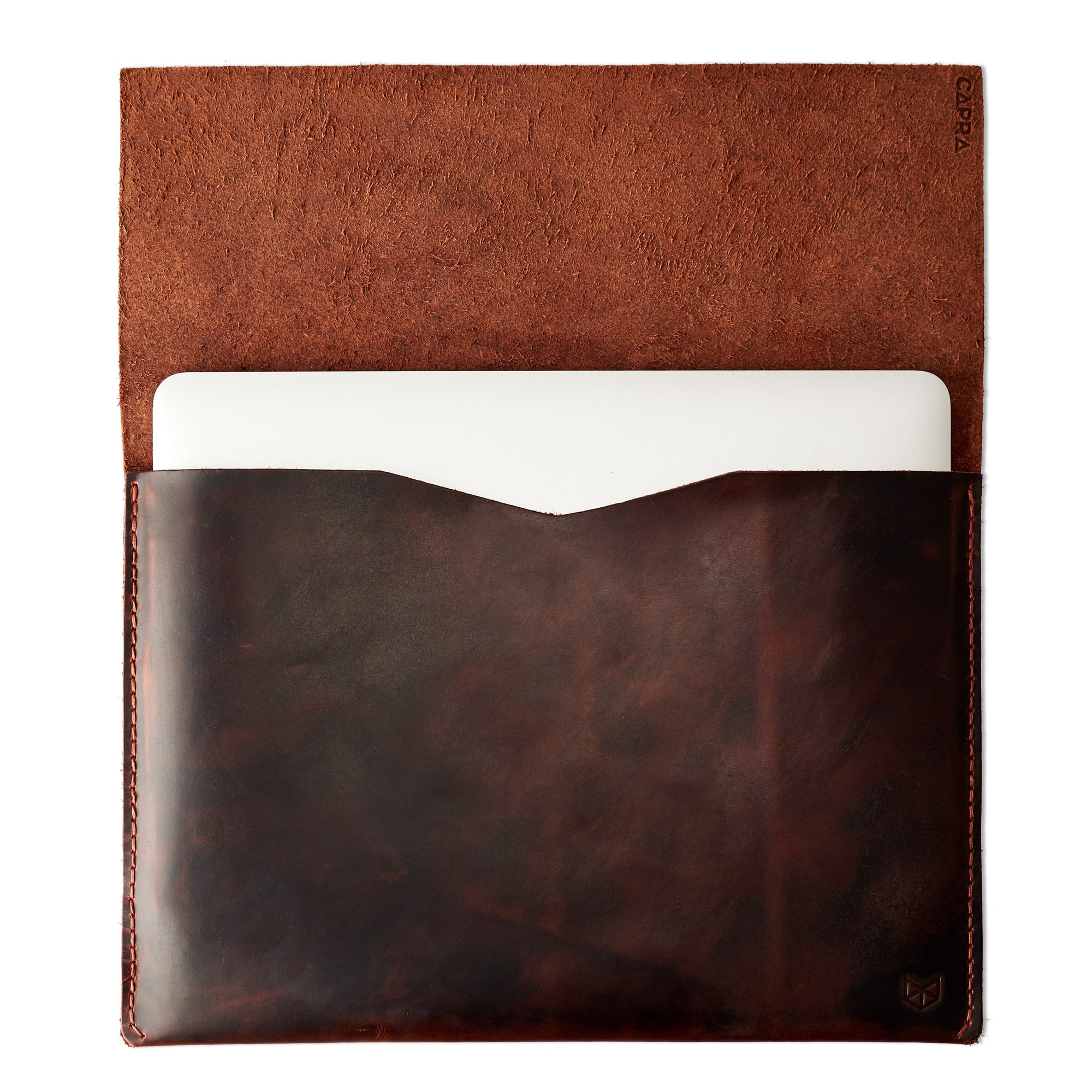 Open. Distressed Cognac Leather MacBook Case. MacBook Sleeve by Capra Leather