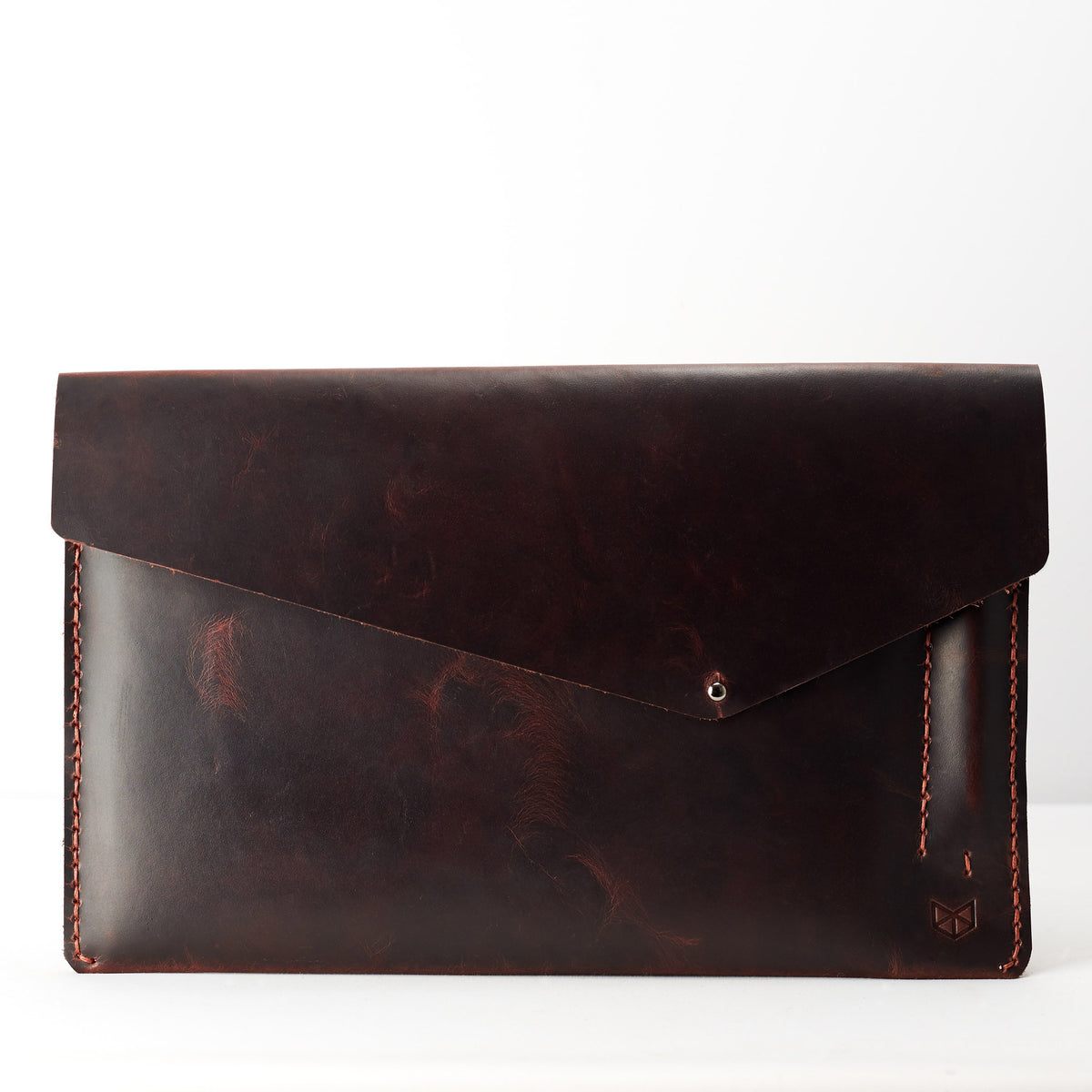 Closed case. Red brown leather sleeve for Pixel Slate. Mens gifts