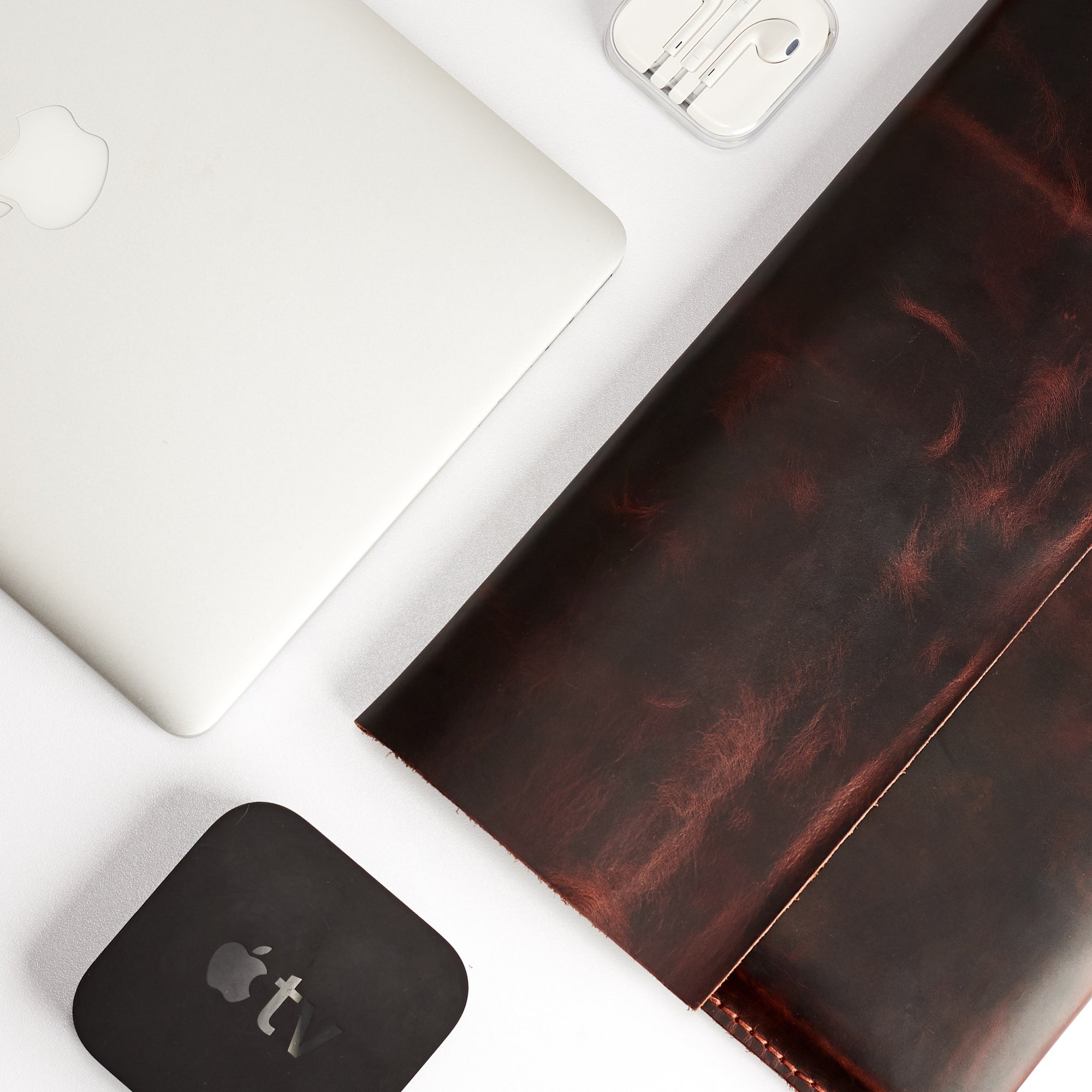 Office Desk Style. Distressed Cognac Leather MacBook Case. MacBook Sleeve by Capra Leather