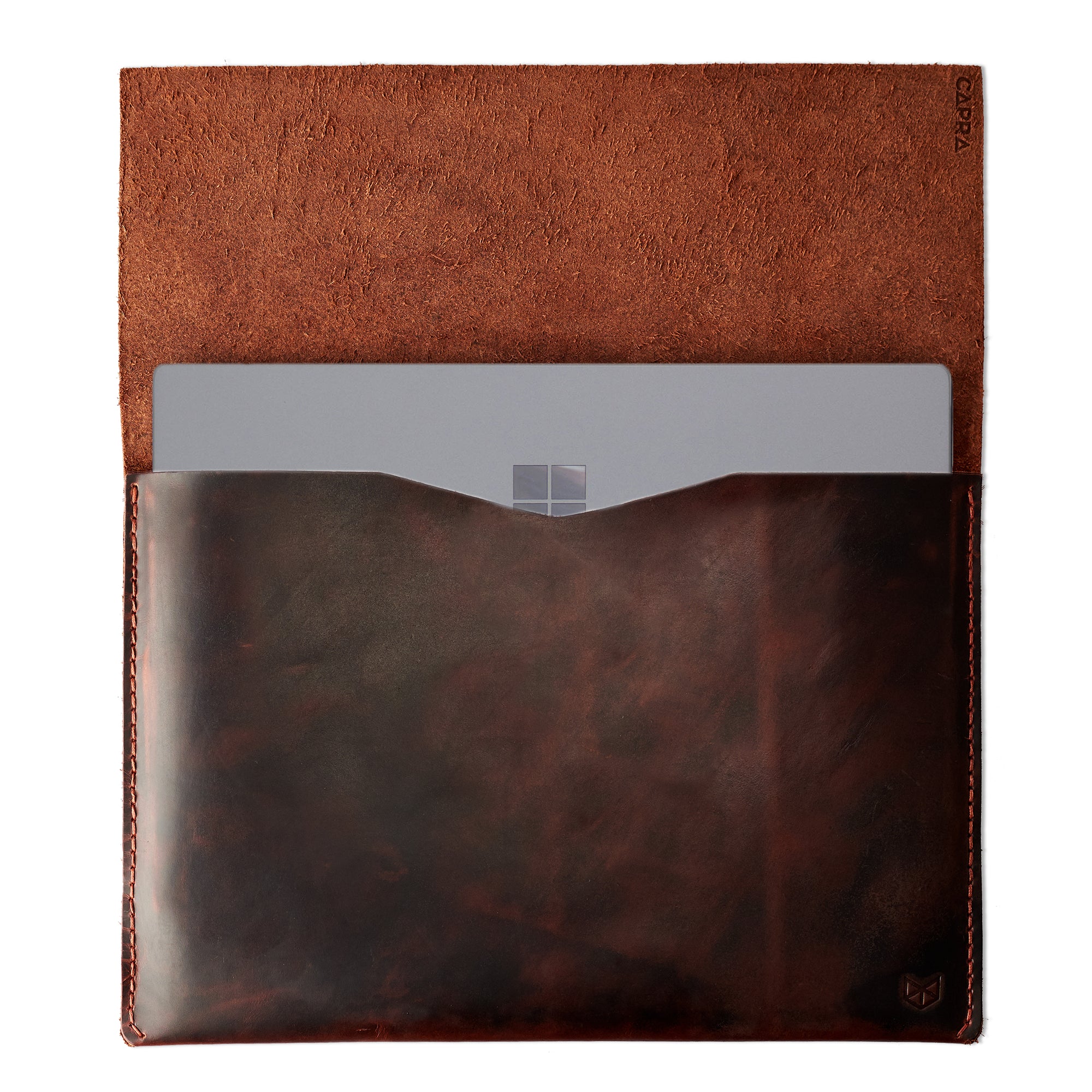 Open. Red brown  leather Surface sleeve. Designer unique mens cases.