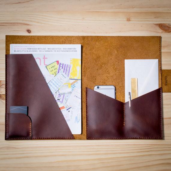 Interior. Handmade leather portfolio. Mens organizer document portfolio. Office folder