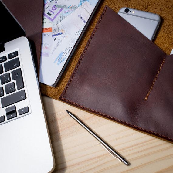 Detail. Handmade leather portfolio.Document Portfolio with Pockets for iPhone, A4 & Letter Papers Men Leather Legal Pad, Mens Gift