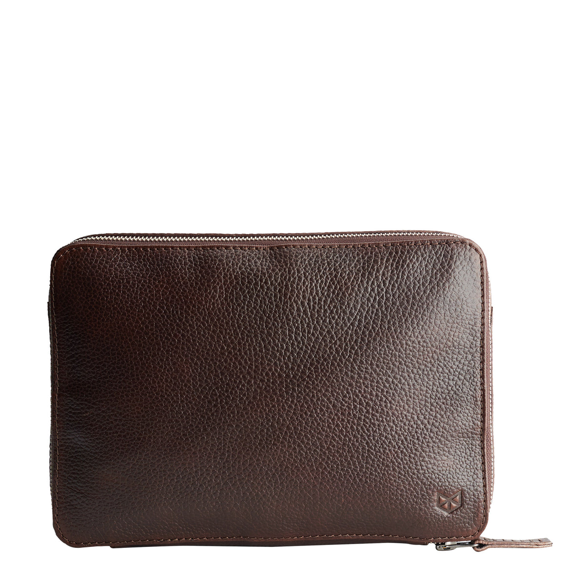 Dark brown leather electronic organizer. Tech pouches by Capra Leather. Fits 11 iPad Pro 